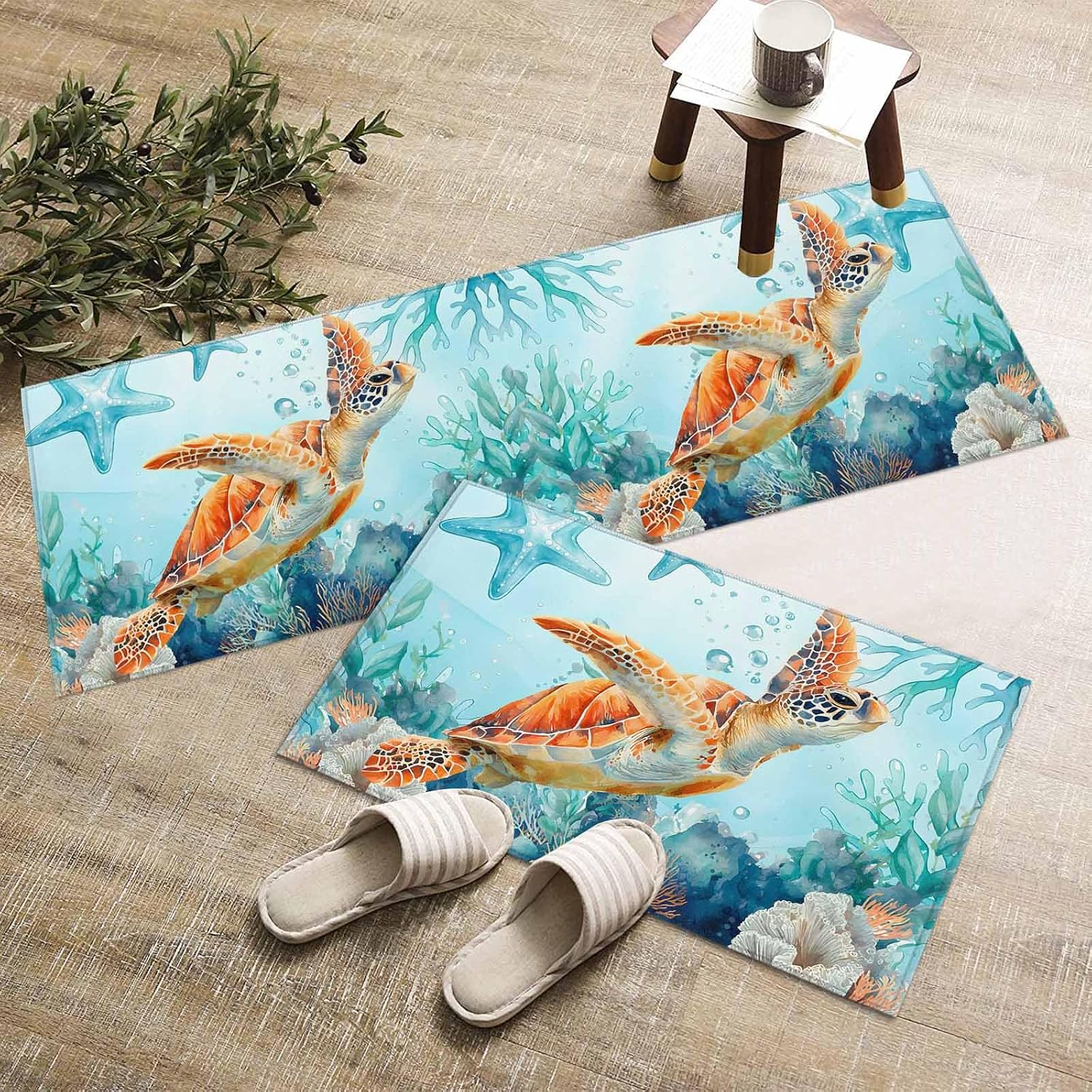 Kitchen Mats for Floor Coastal Sea Turtle Starfish Washable Non Slip Kitchen Rugs 2PCS, Underwater Coral Ocean Art Absorbent Standing Mats for Sink Bathroom Office Living Room 15.7x23.6in+15.7x47.2in