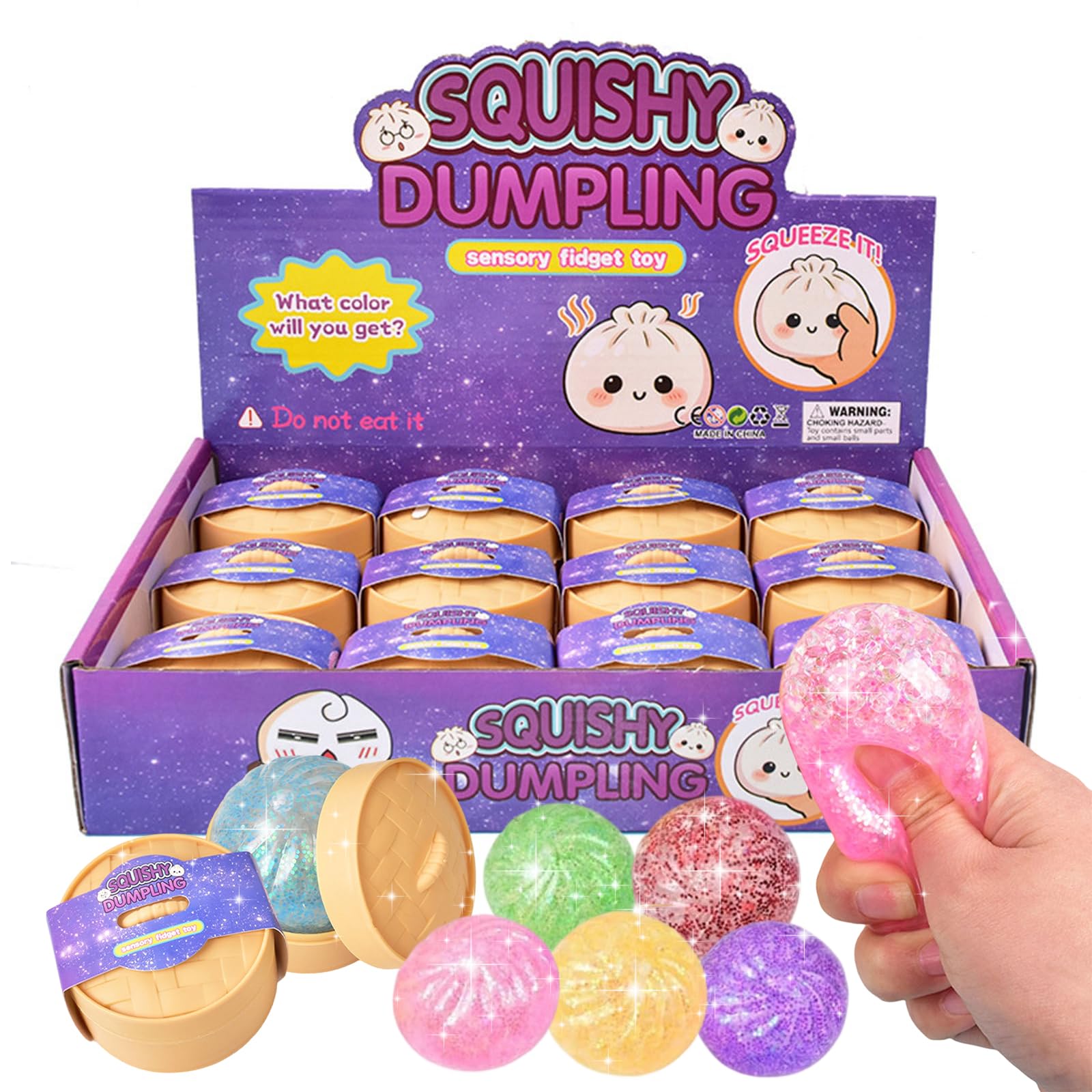 12 Pcs Sensory Dumpling Squish-y Set with Box, Cute Soft Glitter Dumpling Squishys, Calming Sensory Stress Relief Fidget Toys, Portable Mystery Dumplings Squishys Set for Adults Relaxing