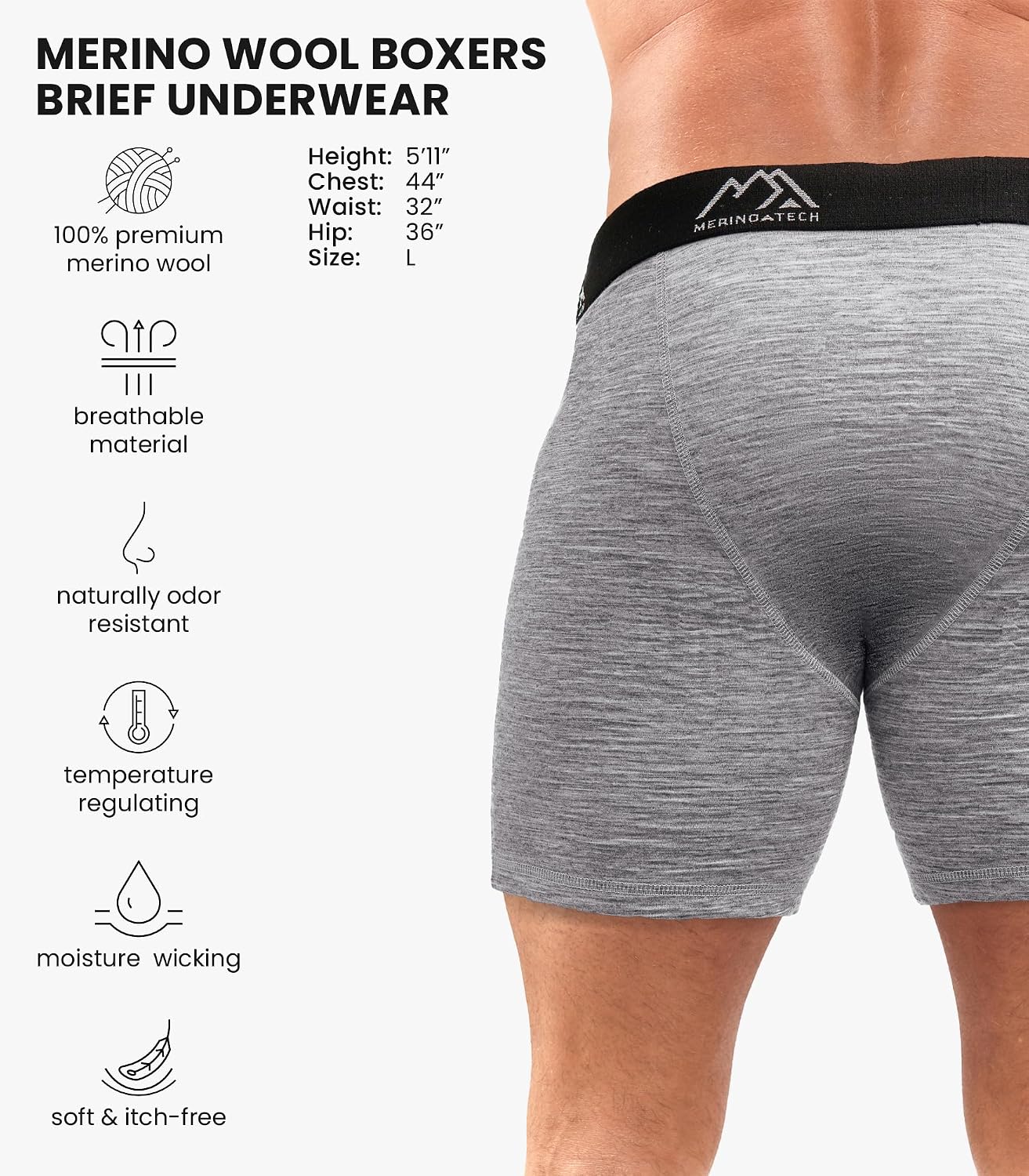 Merino.tech Merino Wool Underwear Mens - 100% Merino Wool Base Layer Boxer Briefs for Men