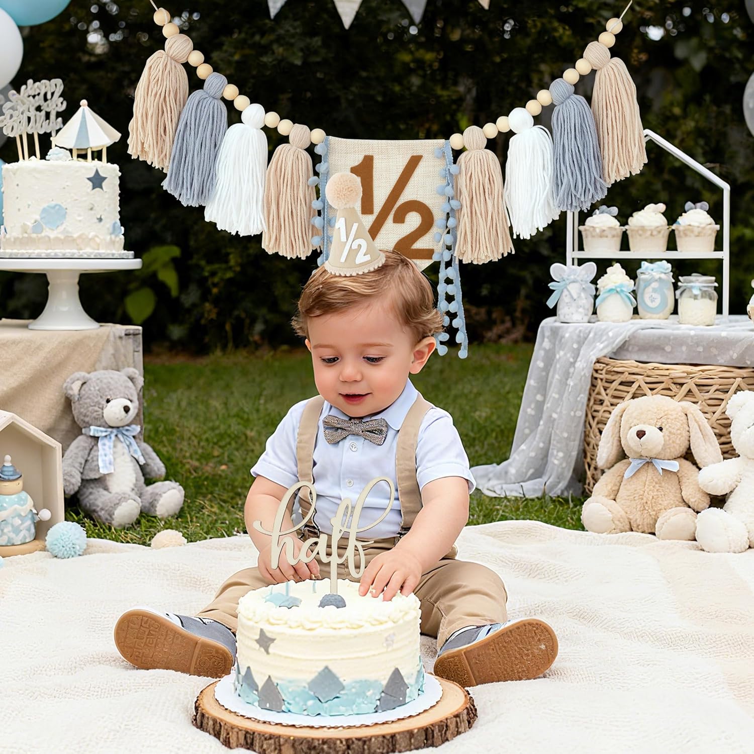 1/2 Birthday Boy Decorations,Half Way To One Baby Boy Decorations,6 Months Birthday Cone Hat Blue 1/2 Pastel High Chair Banner And Cake Topper,Happy Half Year Party Photoshoot Props - Image 6