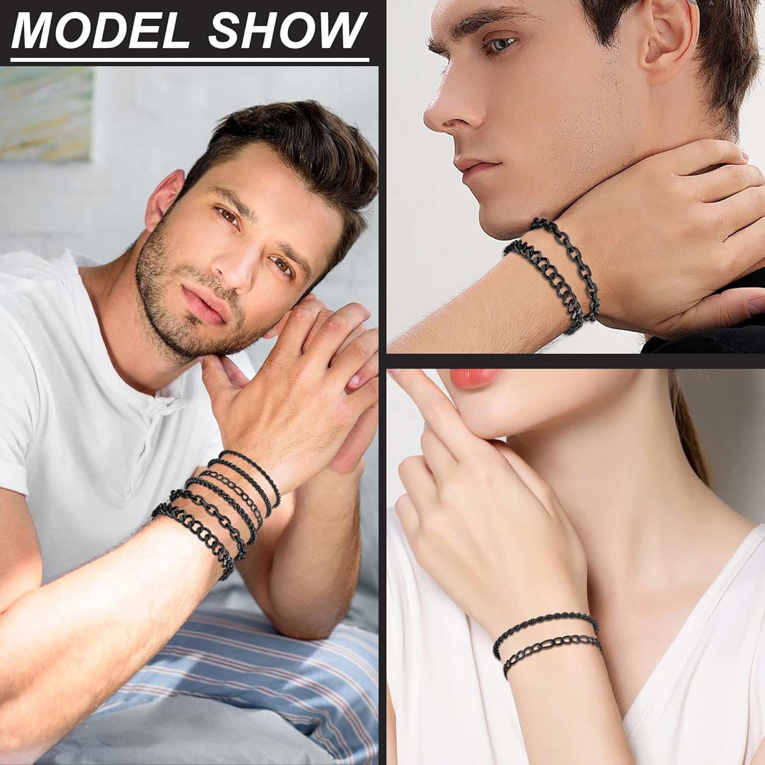 6PCS Stainless Steel Bracelets for Men, Silver Gold Black Sturdy Cuban Link Box Rope Wheat Chain Paperclip Figaro Bracelet for Women Men Jewelry Set - Image 5