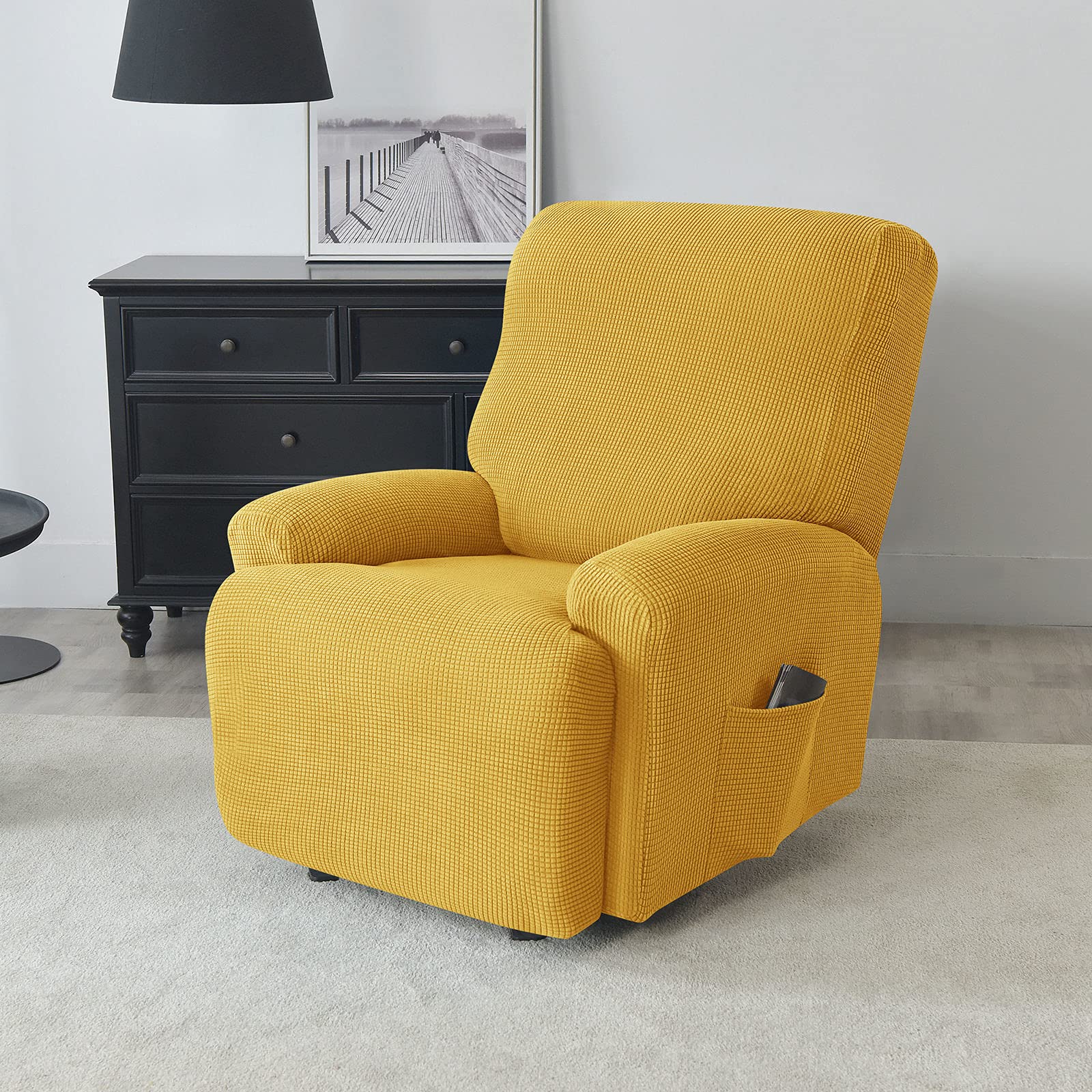 4 Pezzi Copripoltrona Elastico Relax Jacquard - Morbido E Antiscivolo Per Soggiorno (Giallo) - 3