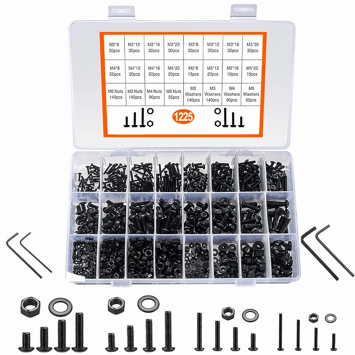 Bolts Nuts and Washer Assortment Kit, 1225pcs M2 M3 M4 M5 Metric Screw Set, Black Button Head Hex Socket Cap Screws, 12.9 Grade Carbon Steel, Assorted Bolts for Machine, Sheet Rock, Computer