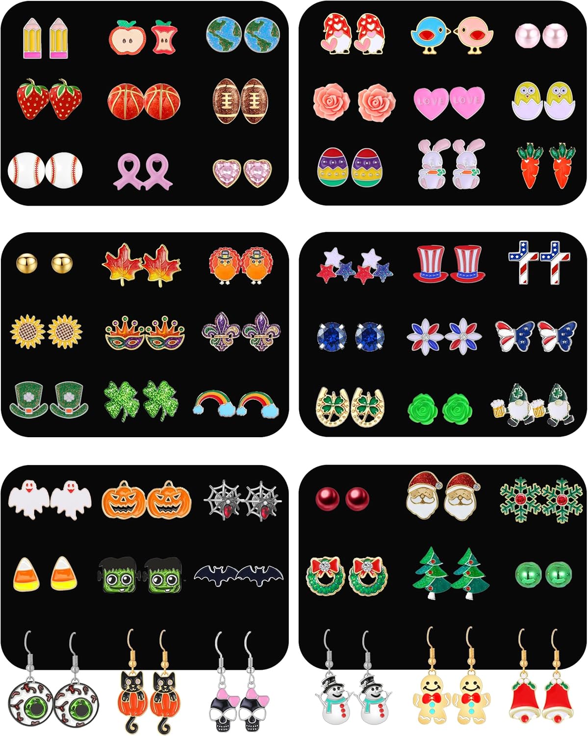 54 Pairs Hypoallergenic Holiday Earrings Set for Girls Women Halloween Christmas Fall Thanksgiving Earrings Valentine's Day St. Patrick’s Day Easter 4th of July Earring