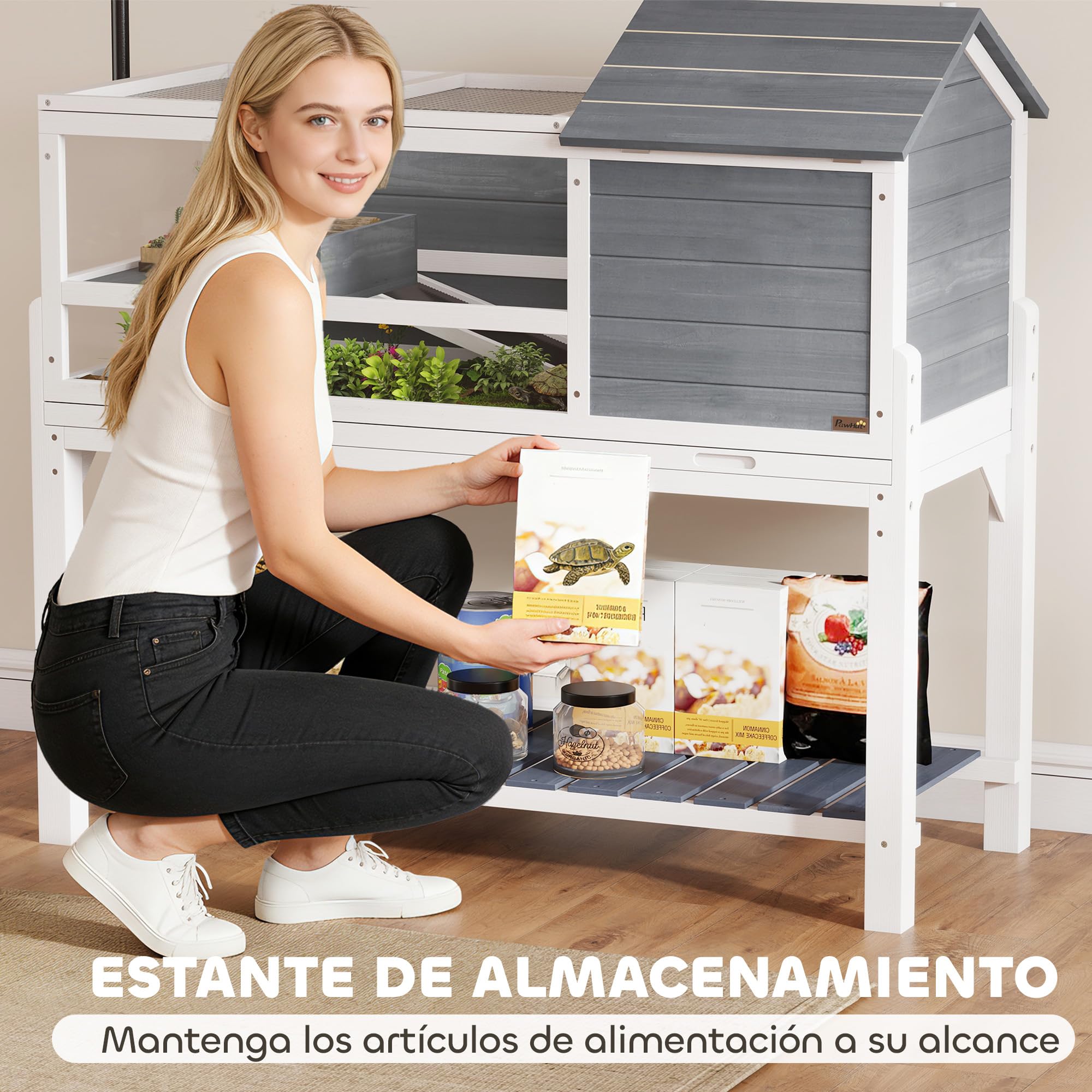 PawHut Casa para Tortugas de Madera, Terrario para Reptiles con Soporte para Lámpara Ajustable, Techos Abatibles, Bandeja Extraíble, Estante de Almacenaje y Paneles Transparentes, Caseta para Tortugas