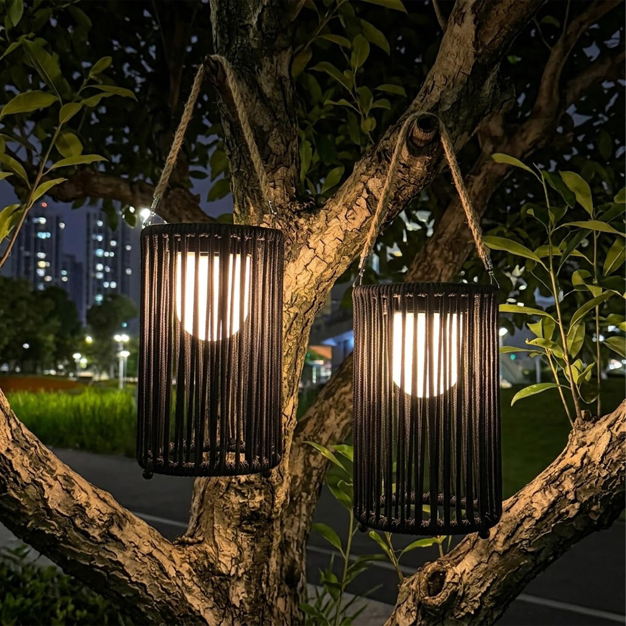 Trirocks Black Solar Lanterns Outdoor Garden Hanging Lights, 2 Pack 30Cm High Waterproof Solar Lights With Olefin Rope, Cordless Table Lamp For Patio, Lawn, Yard, Outdoor Decoration (Black)