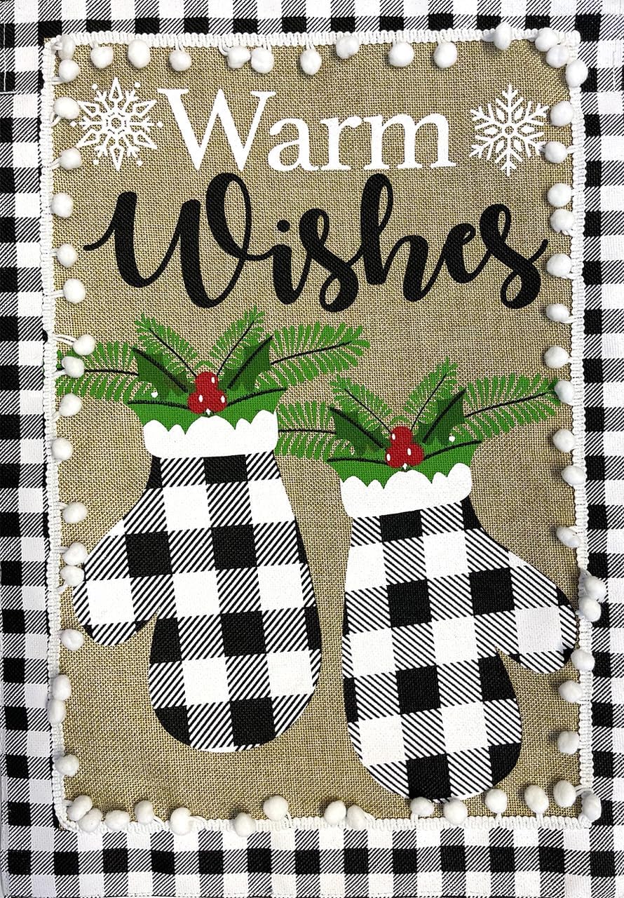 Checkered Mittens Burlap Winter House Flag Warm Wishes 28" x 40" Briarwood Lane