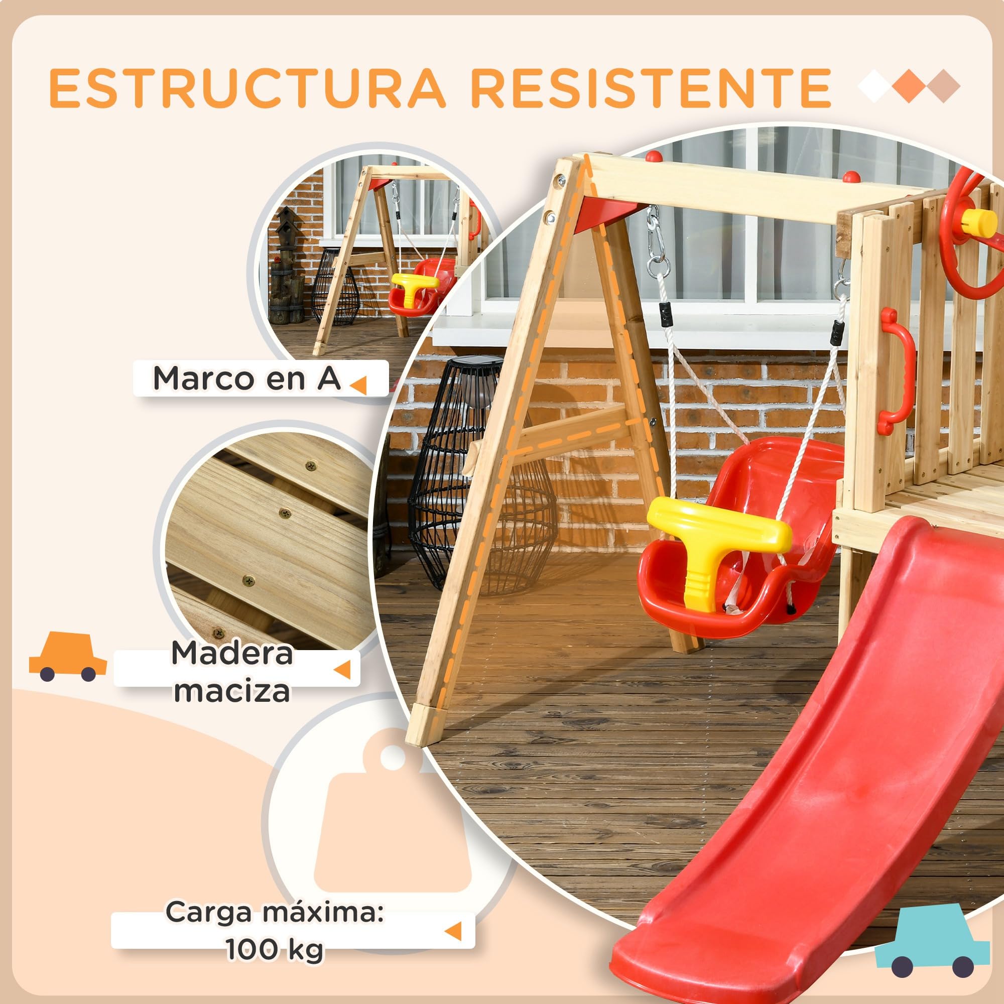Outsunny Juego de Tobogán y Columpio para Niños de 18-48 Meses 4 en 1 Parque Infantil de Madera con Columpio Tobogán Volante Bocina Teléfono para Patio Césped 170x200x118 cm Rojo y Natural