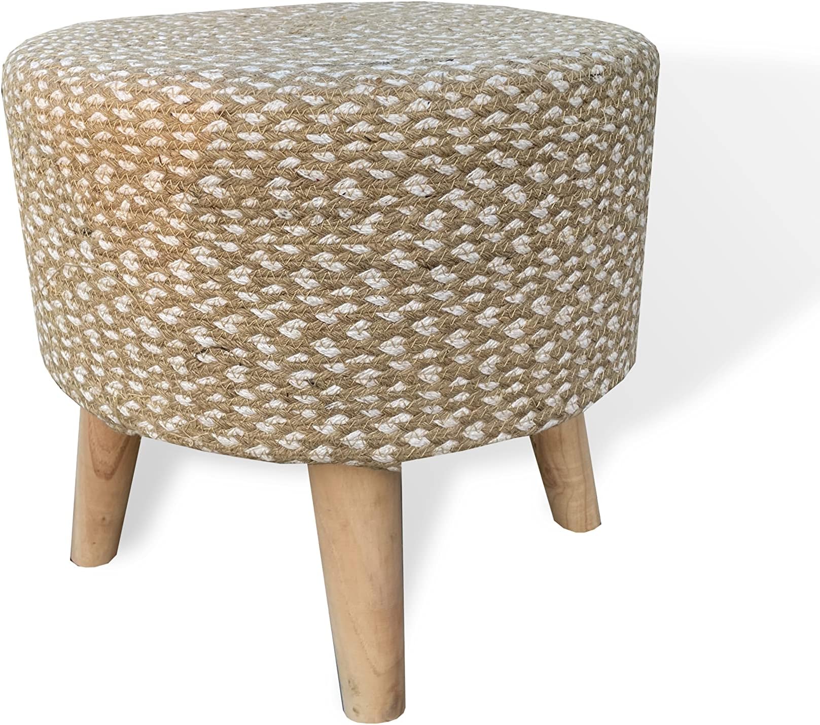 BELLA TRUE Stool Ottoman for Living Room Sitting Printed Ottoman upholstered Foam Cushioned pouffe Puffy for Foot Rest Home Furniture with 4 Wooden Legs (Jute&Whitemix)