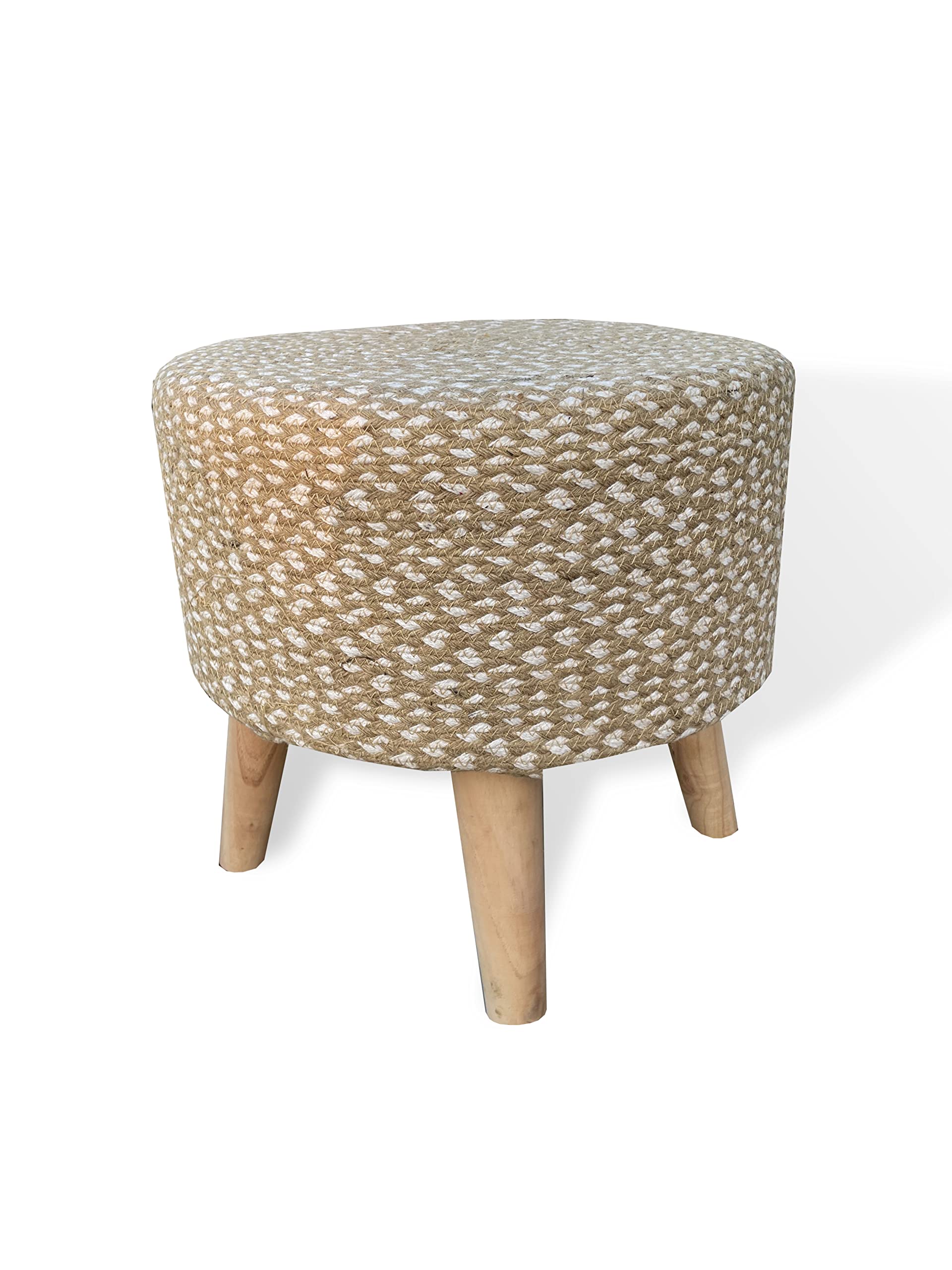 BELLA TRUE Stool Ottoman for Living Room Sitting Printed Ottoman upholstered Foam Cushioned pouffe Puffy for Foot Rest Home Furniture with 4 Wooden Legs (Jute&Whitemix)