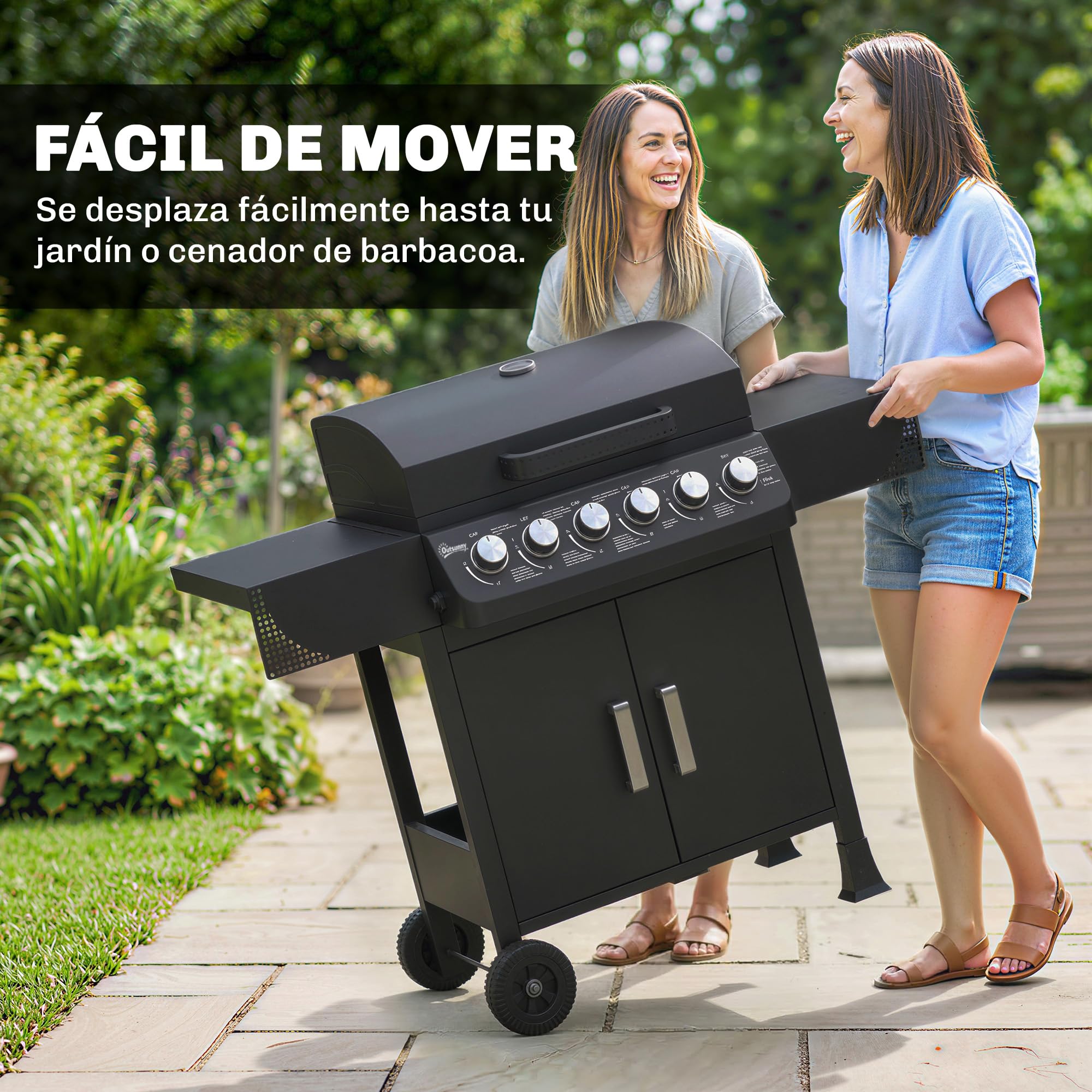 Outsunny Barbacoa de Gas BBQ Gas con 6 Quemadores 15 kW, Barbacoa Portátil con Termómetro, Mesas Laterales, Armario, Rejilla Calentadora, Parrilla, Recogedor de Grasa, 2 Ruedas y Tapa, Negro