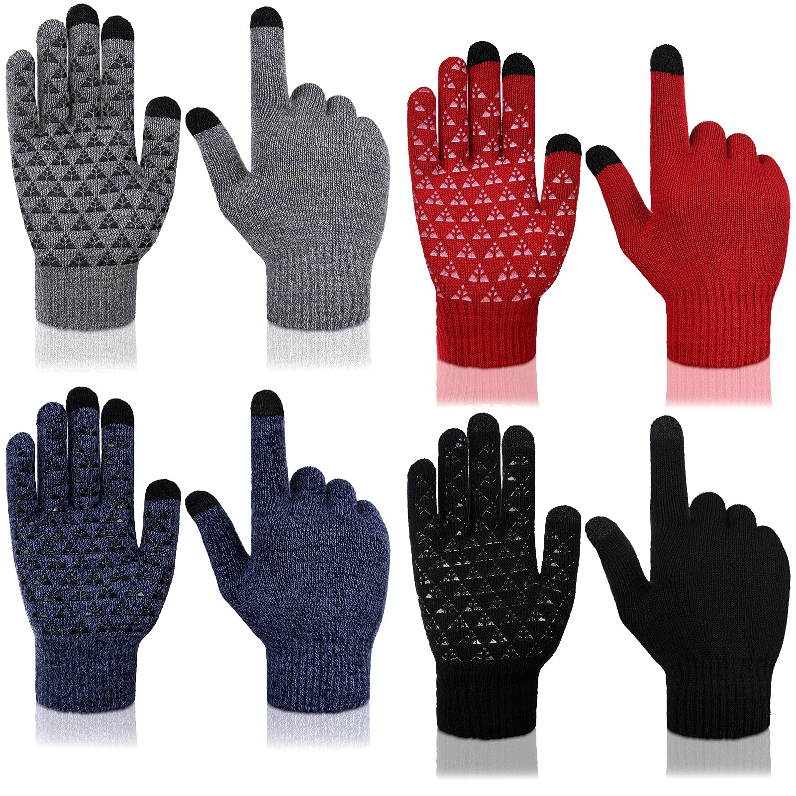4 Pairs Winter Warm Gloves Knit Touchscreen Anti Slip Silicone Mittens with Gripper Dots for Women Men Cold Weather