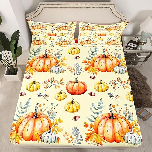 Miniatura 4 de Erosebridal Juego de sábanas de calabaza de otoño, tamaño Queen, sábanas de cosecha de otoño para niños y niñas, decoración de dormitorio, juego de