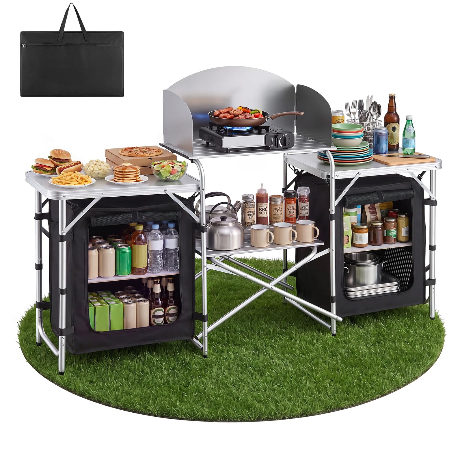 VEVOR Cuisine de Camping Pliable Table de Camping avec Rangement Portable, pour Barbecue, Pique Nique, Voyage, en Aluminium Léger, avec Tables Latérales, Pare-Vent Amovible et Sac de Transport