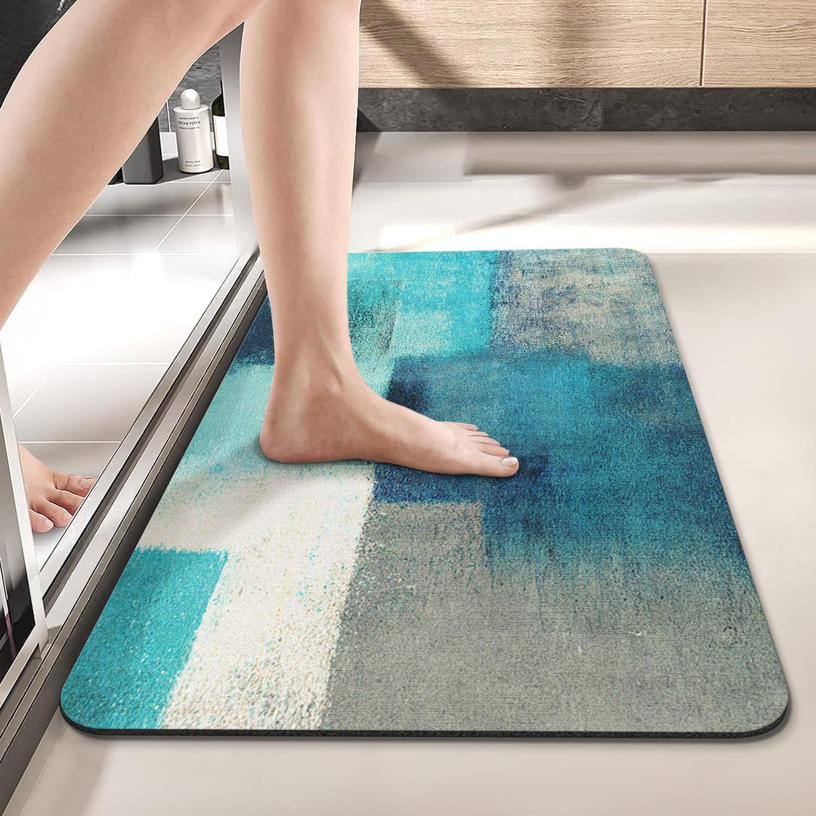 Arttown Modern Abstract Art Bath Mat for Bathroom, Turquoise and Gray Quick Dry and Super Absorbent Bath Mat Rugs, Non Slip Rubber Backing Floor Rug 17x30 Inches for Kitchen Bedroom Indoor