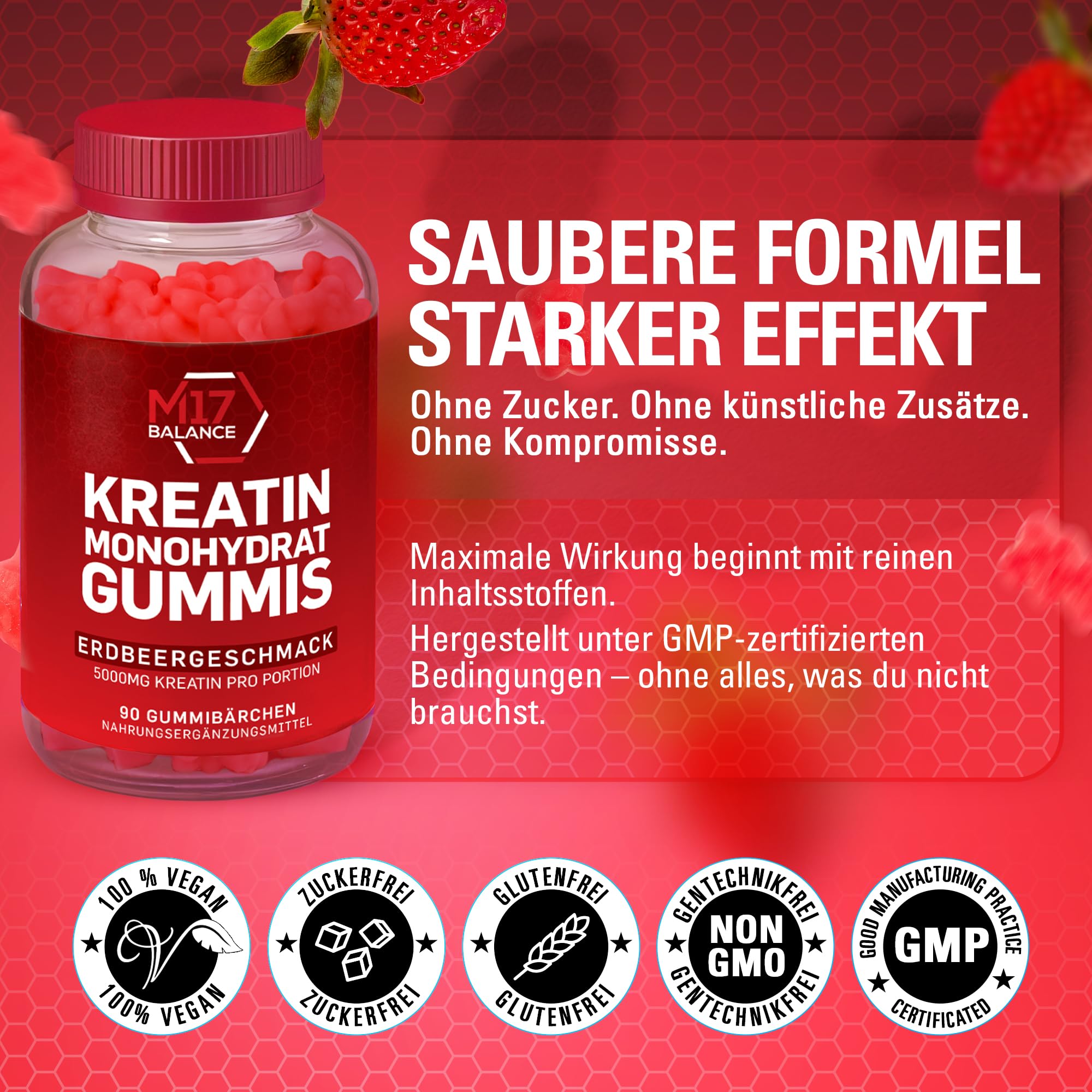 Creatin Monohydrat Gummibärchen - 5000 mg Kreatin mit BCAAs & L-Carnitin pro Dosis - Für Muskelaufbau - Zuckerfrei, Anti-Schmelz-Formel, Vegan, Glutenfrei - 30 Portionen (90 Stück, Erdbeere)