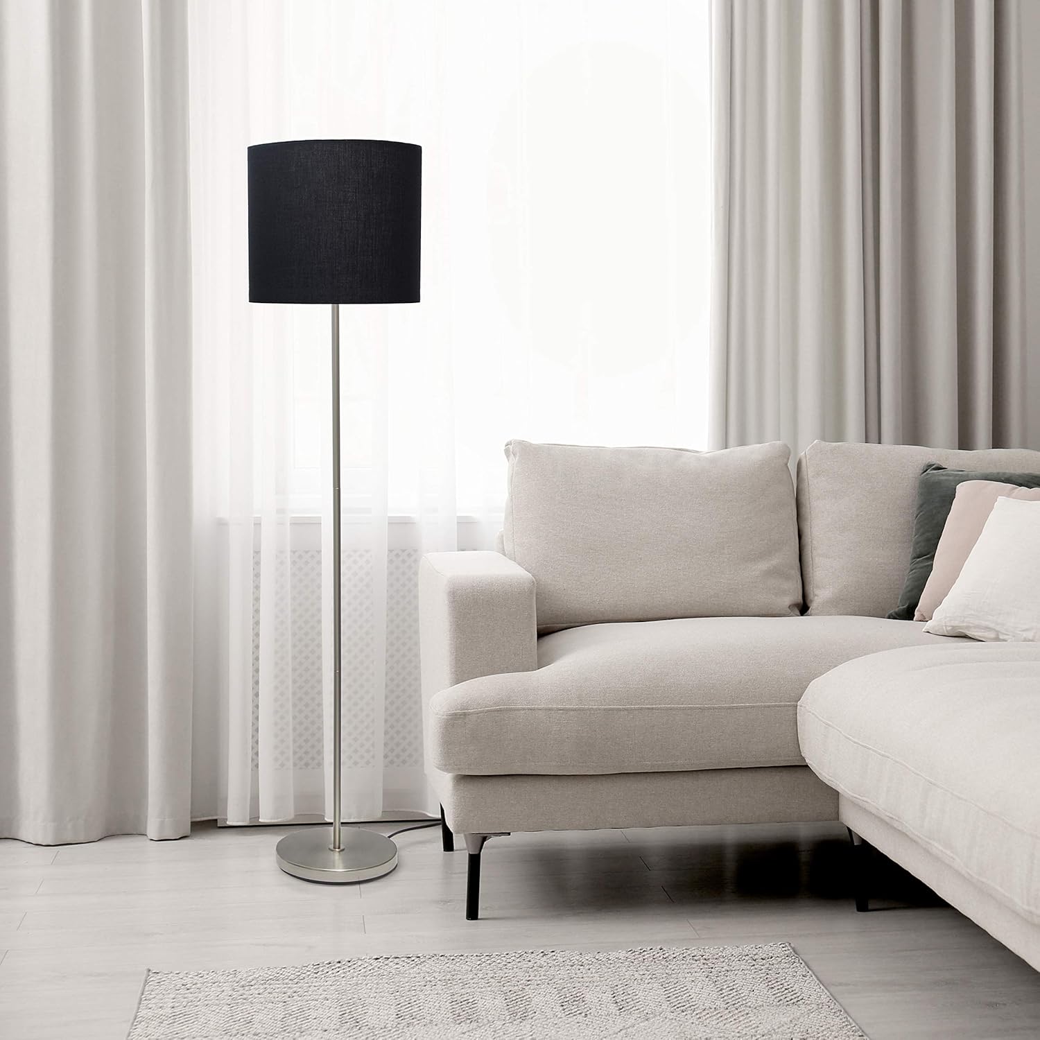 Simple Designs LF2004-BLK-LB 57" Traditional Brushed Nickel Stick Floor Lamp with Black Shade for Living Room, Hallway, Entryway, Bedroom, Office, with Feit LED Bulb Included