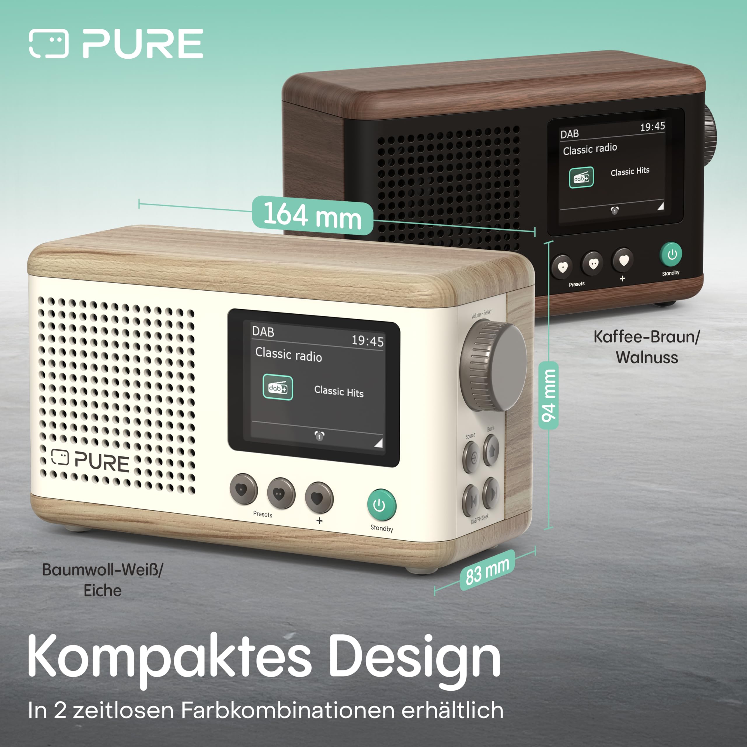 Pure Classic Mini tragbares Digitalradio mit DAB+ & UKW, Bluetooth 5.3, 15h Akku, 5W Lautsprecher, 2.4'' Farbdisplay und USB‑C – kompakter Lautsprecher für Zuhause & unterwegs Baumwoll Weiß/Eiche