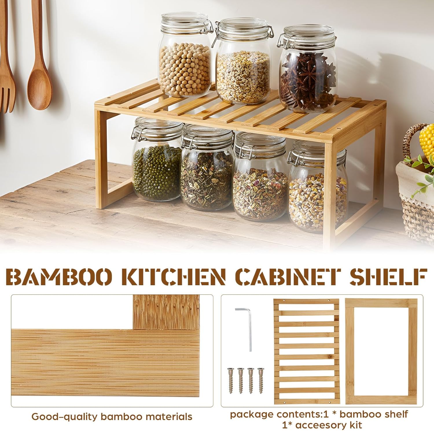 2 Pcs Kitchen Cabinet Organizer Bamboo Bookshelf Bamboo Kitchen Shelves, Cabinet Shelf Organizer, Storage Shelves for Pantry Bathroom Dining Room Study Laundry - Image 5