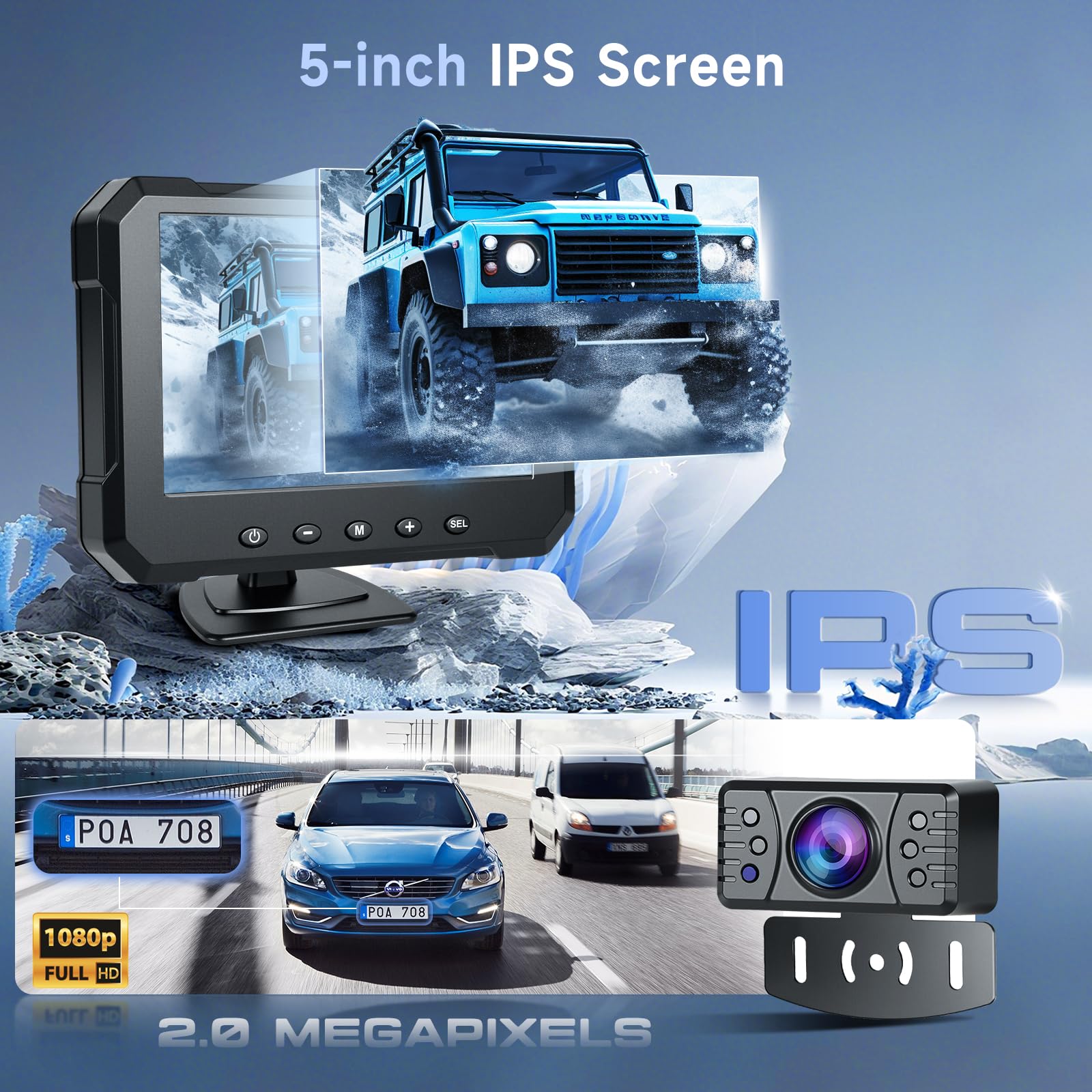 Kit de Monitor con Cámara Trasera Digital Hodozzy, Pantalla 5 Pulgadas 1080P HD Visión Nocturna IP69 Impermeable, Ángulo Amplio con Cable y Soporte Corto de Matrícula para Camión Caravana Autocaravana