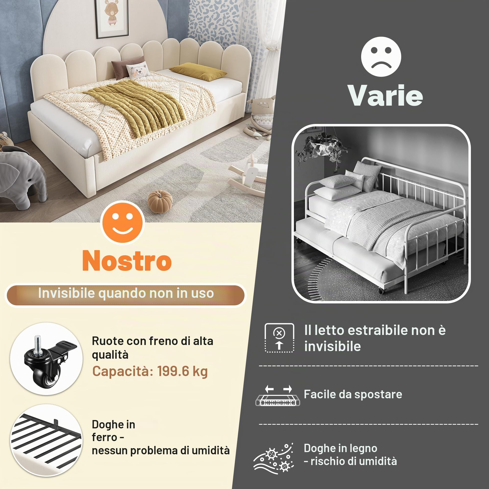 Letto imbottito, 90 x 200 cm, divano letto estraibile 90 x 190 cm, letto per bambini con rete a doghe in metallo, velluto, senza materasso (beige con letto estraibile, 90 x 200 cm)