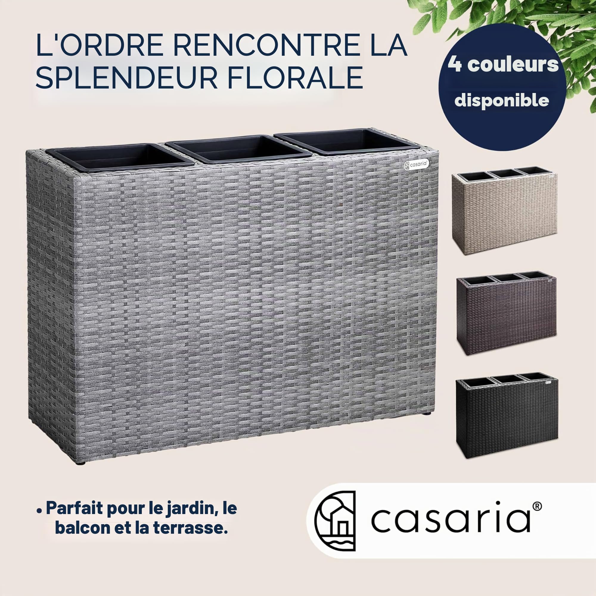 CASARIA Bac à Fleurs Polyrotin Gris | Jardinière Verticale, Dimensions: 83x30,5x60 cm, Intérieur et Extérieur, 3x Pots Amovibles, Aspect Rotin, avec Drainage