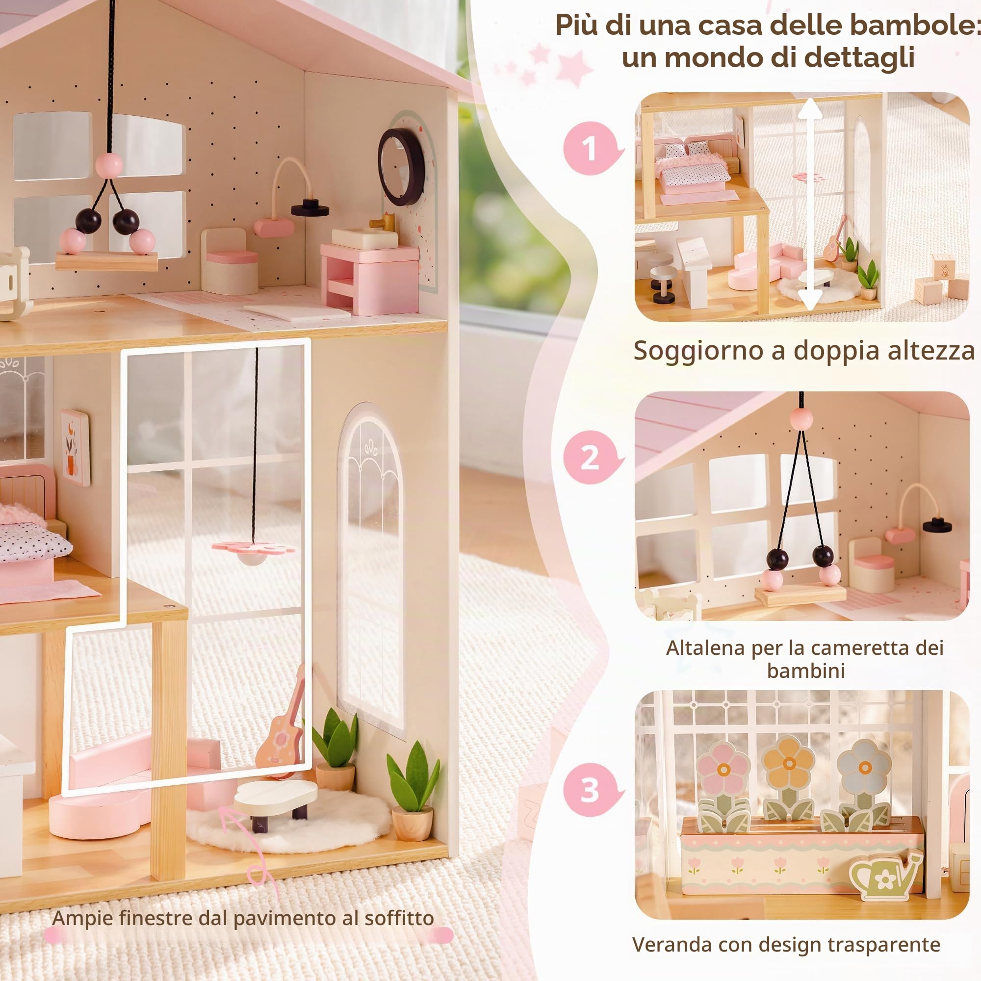 ROBUD Casa delle Bambole in Legno, Casa delle Bambole a 3 Piani con 37 PCS di Mobili Giocattolo e Accessori per Bambole - Casa delle Bambole per Gioco Simulativo con 5 Stanze e Serra, Giocattolo