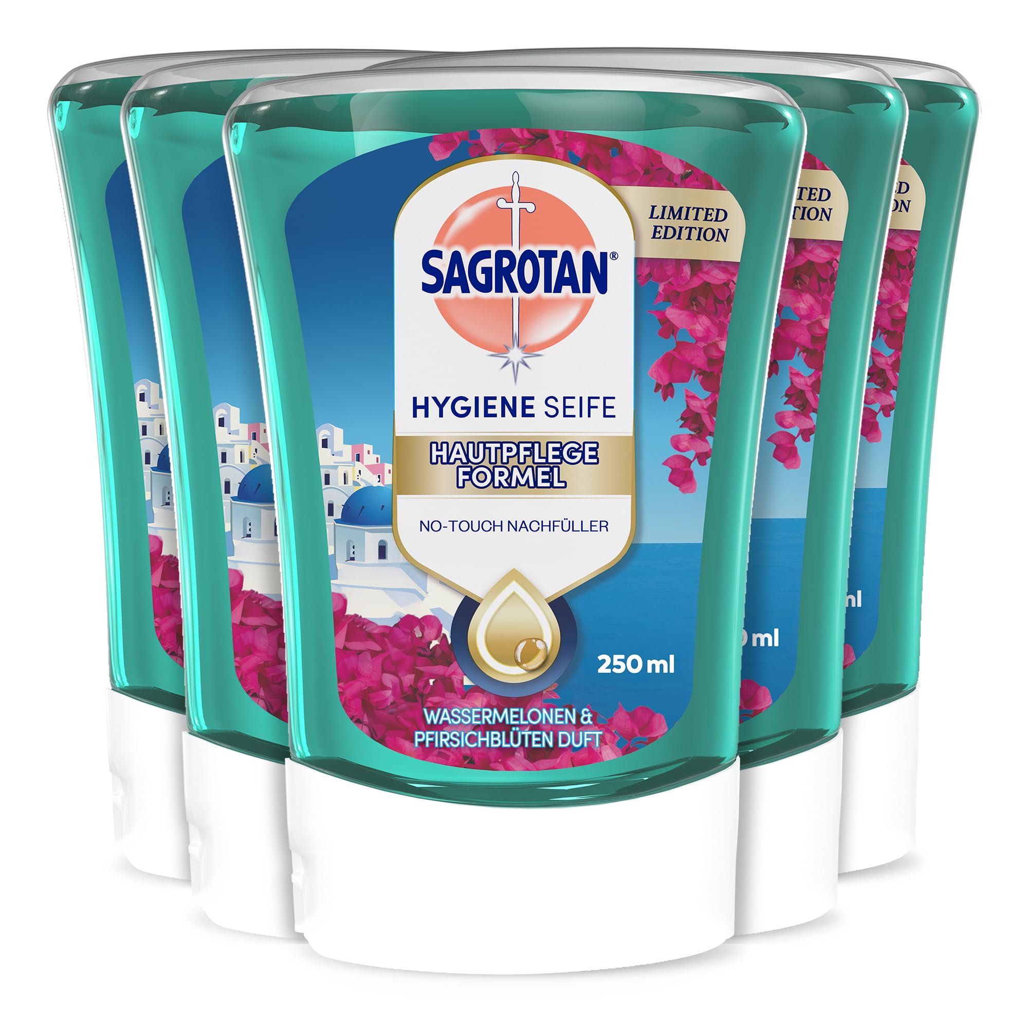 Sagrotan No-Touch Nachfüller Floral Coast Limited Edition – Für den automatischen Seifenspender – 5 x 250 ml Handseife