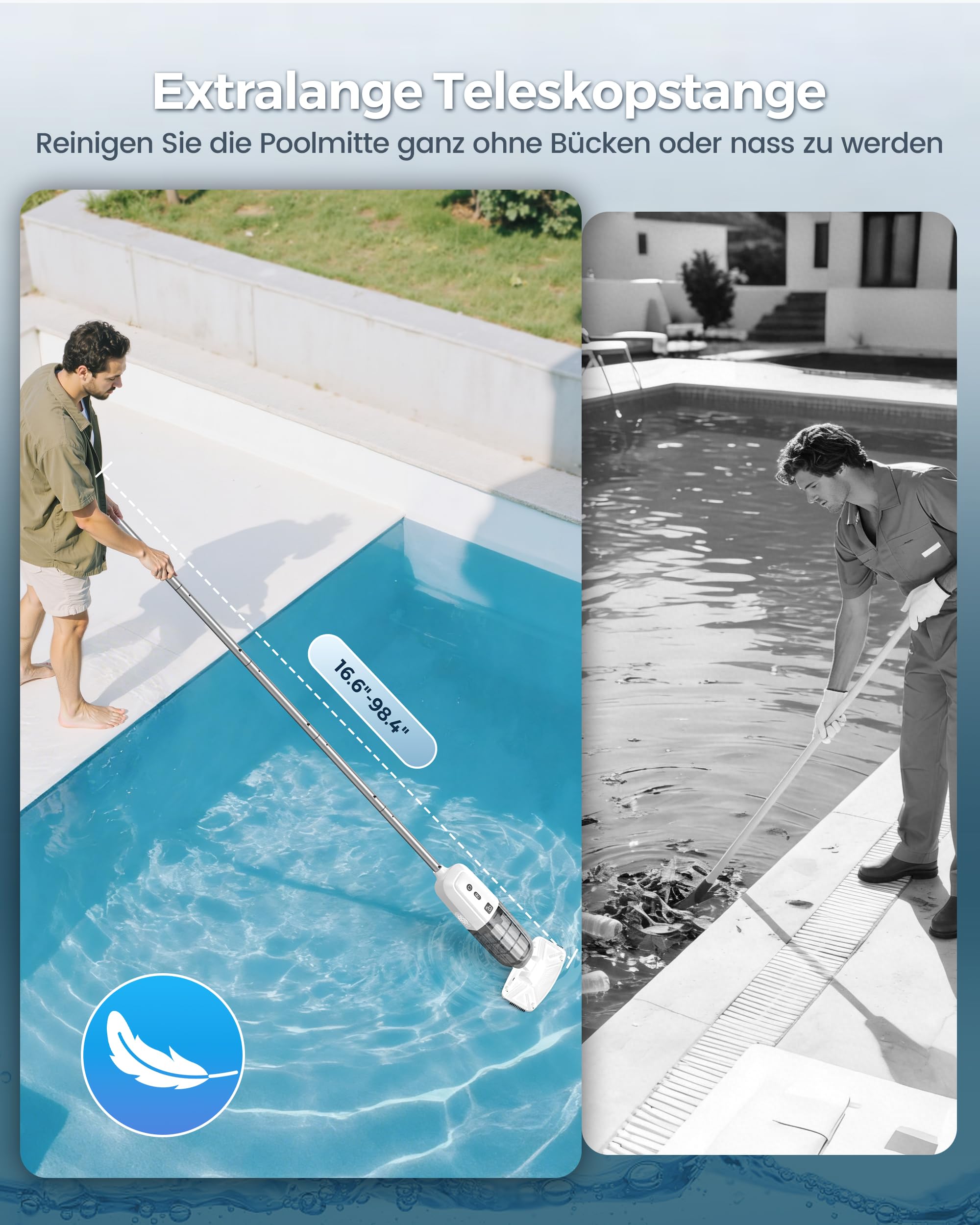 2026 Upgrade Poolsauger Akku,Pool Handsauger Mit Betriebsdauer Bis Zu 70 Minuten, 250cm Verlängerungsstangen,Poolreiniger Mit 180μm Filter,Ideal für Aufstellpool & Einbaupool, Spas, Whirlpools, Weiß