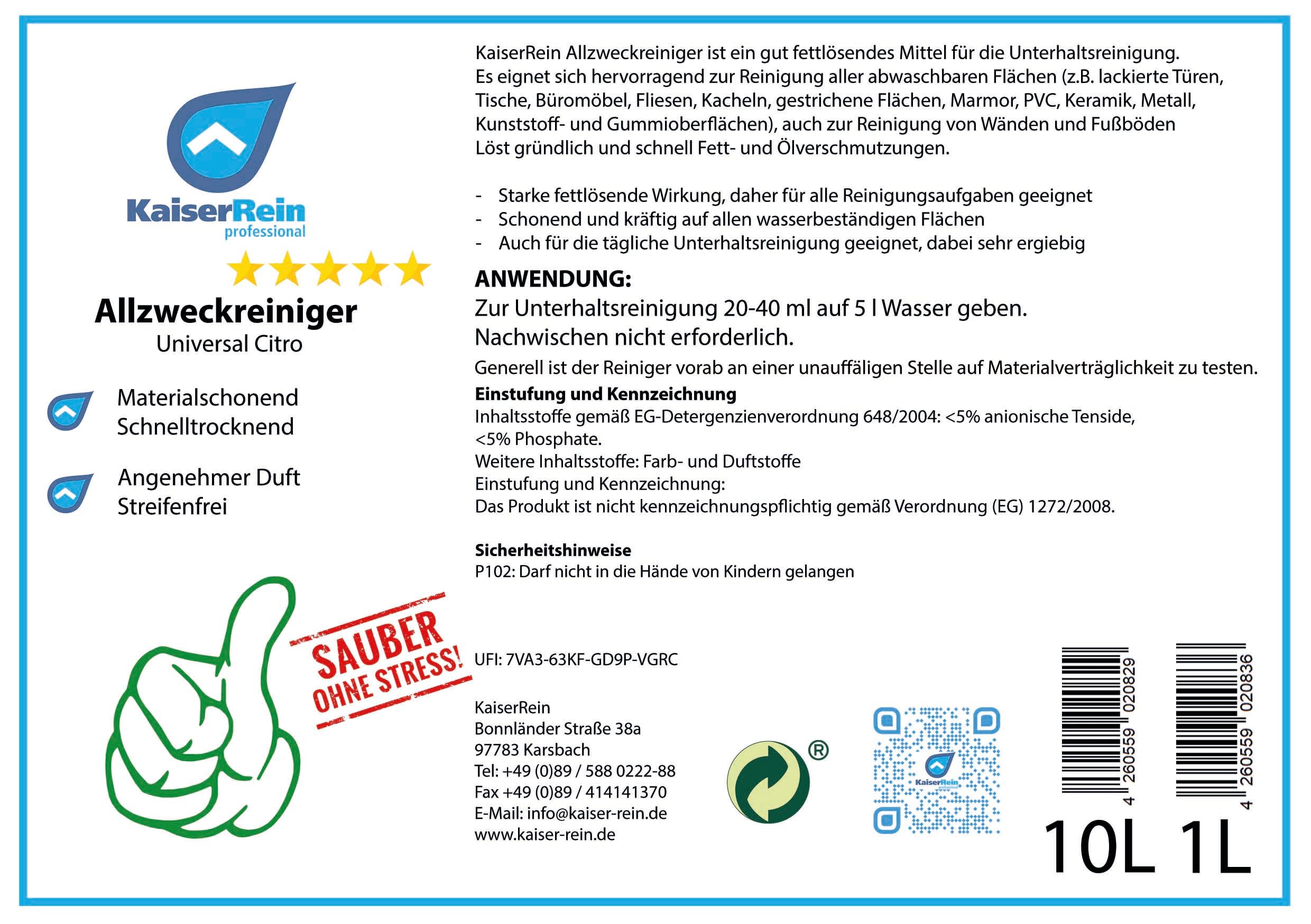 KaiserRein Allzweckreiniger 10 L Kanister Konzentrat Citrus Oberflächenreiniger Bodenreiniger Universalreiniger für Boden, Auto und Oberflächen Kraftreiniger fettlösender Industriereiniger