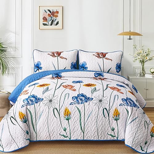 Miniatura 11 de WONGS BEDDING Juego de edredón floral tamaño King, juego de ropa de cama gris y amarillo con 2 fundas de almohada, juego de ropa de cama floral de