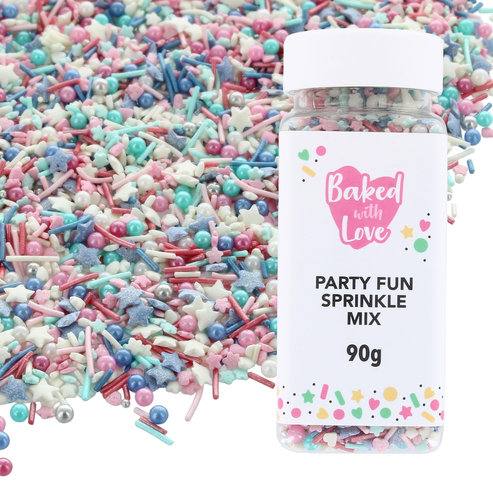 Baked With Love Multi Party Party Fun Sprinkles By | 90G | Blue, Pink & White Sugar Cake Sprinkles, Edible Cake Decorations, Sugar Hearts, Stars, Strands, And Pearls For Cupcakes