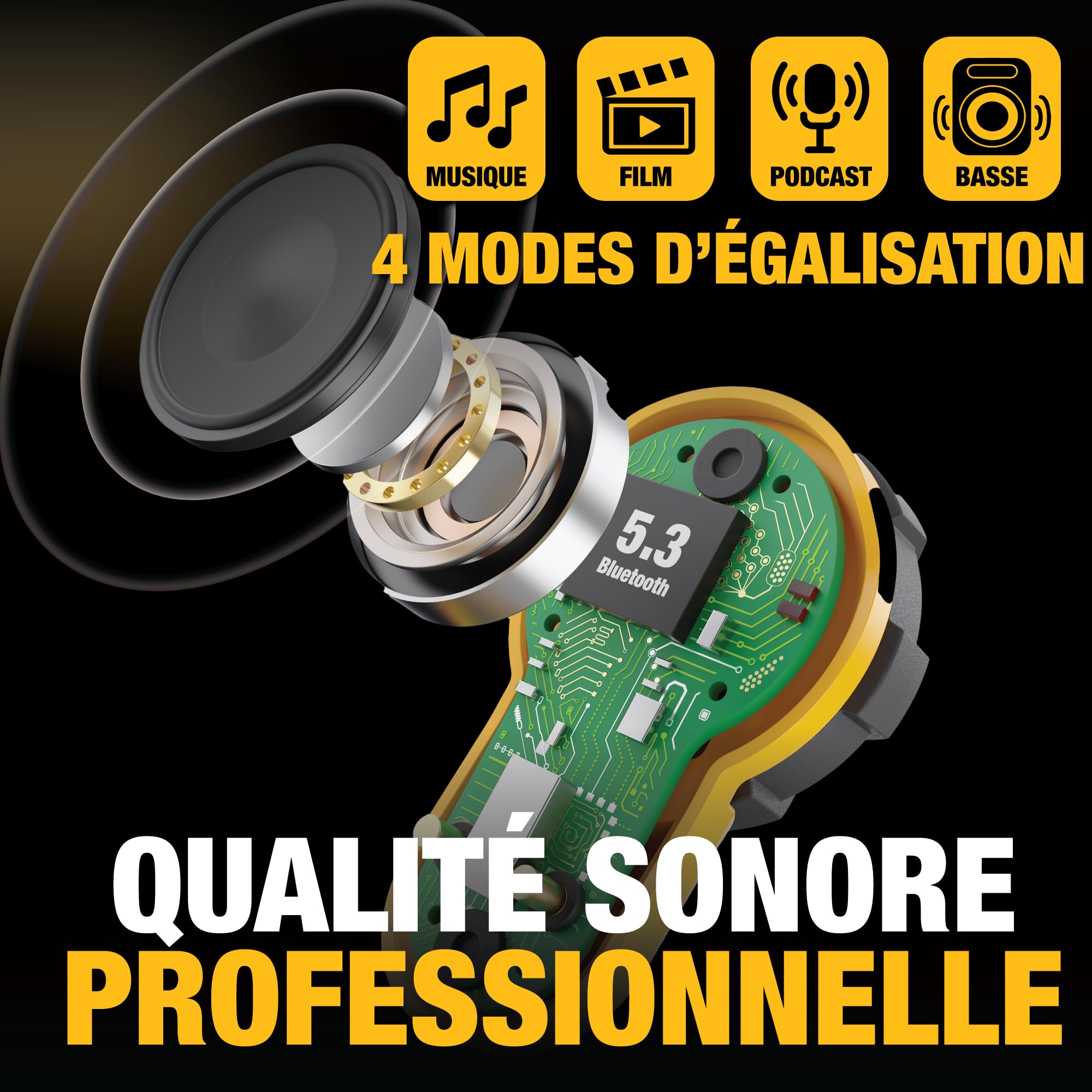 DEWALT Écouteurs sans Fil Bluetooth Robustes Jobsite Pro X2 ANC, réduction Active du Bruit, Commandes rotatives, autonomie de 10 h (Plus de 40 h avec étui), 4 Modes d'égalisation, IP54