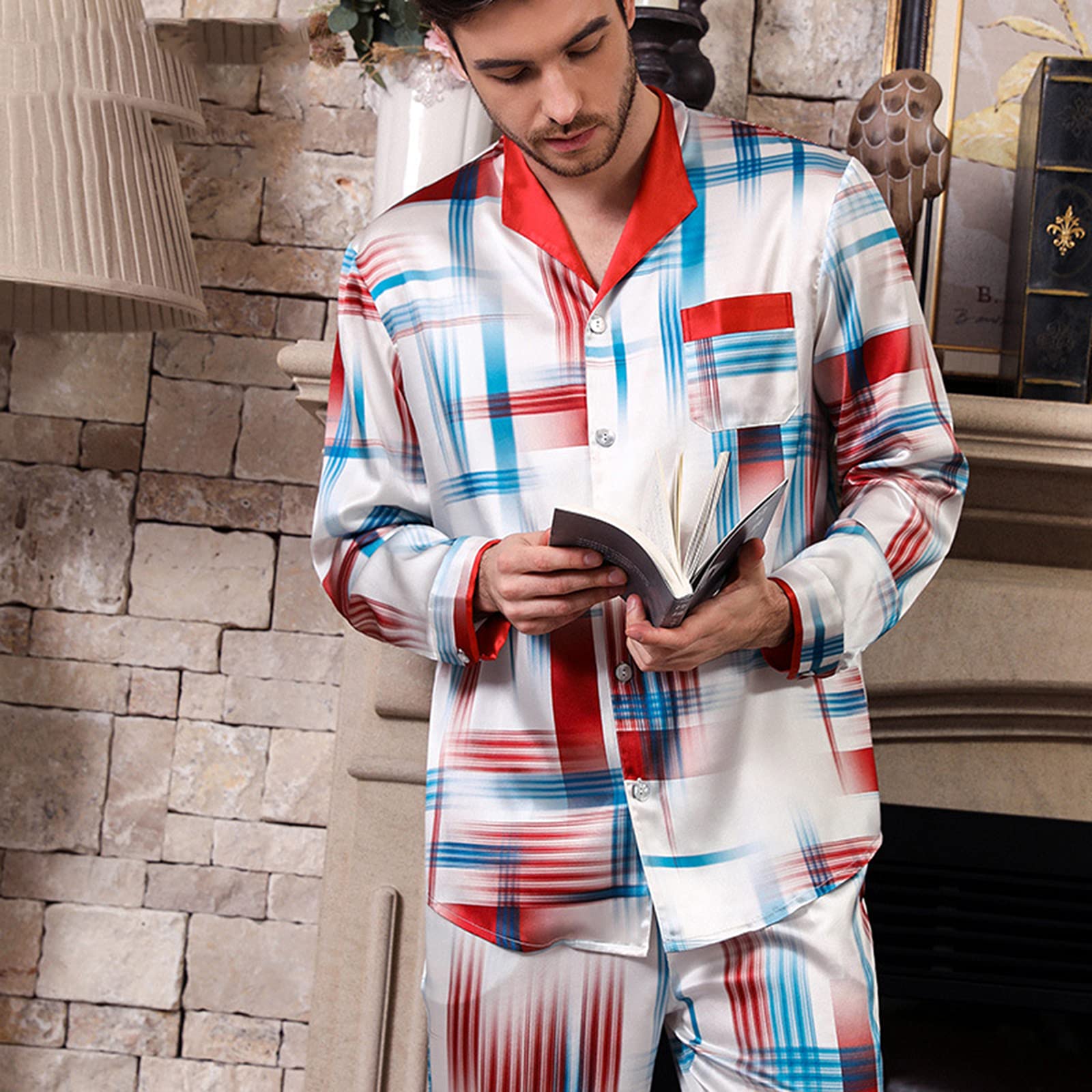 ML S HJDY Men Pajamas Set Summer Long Sleeve Autumn Homewear Silk Men Sleepwear Suit Casual,White,XXL