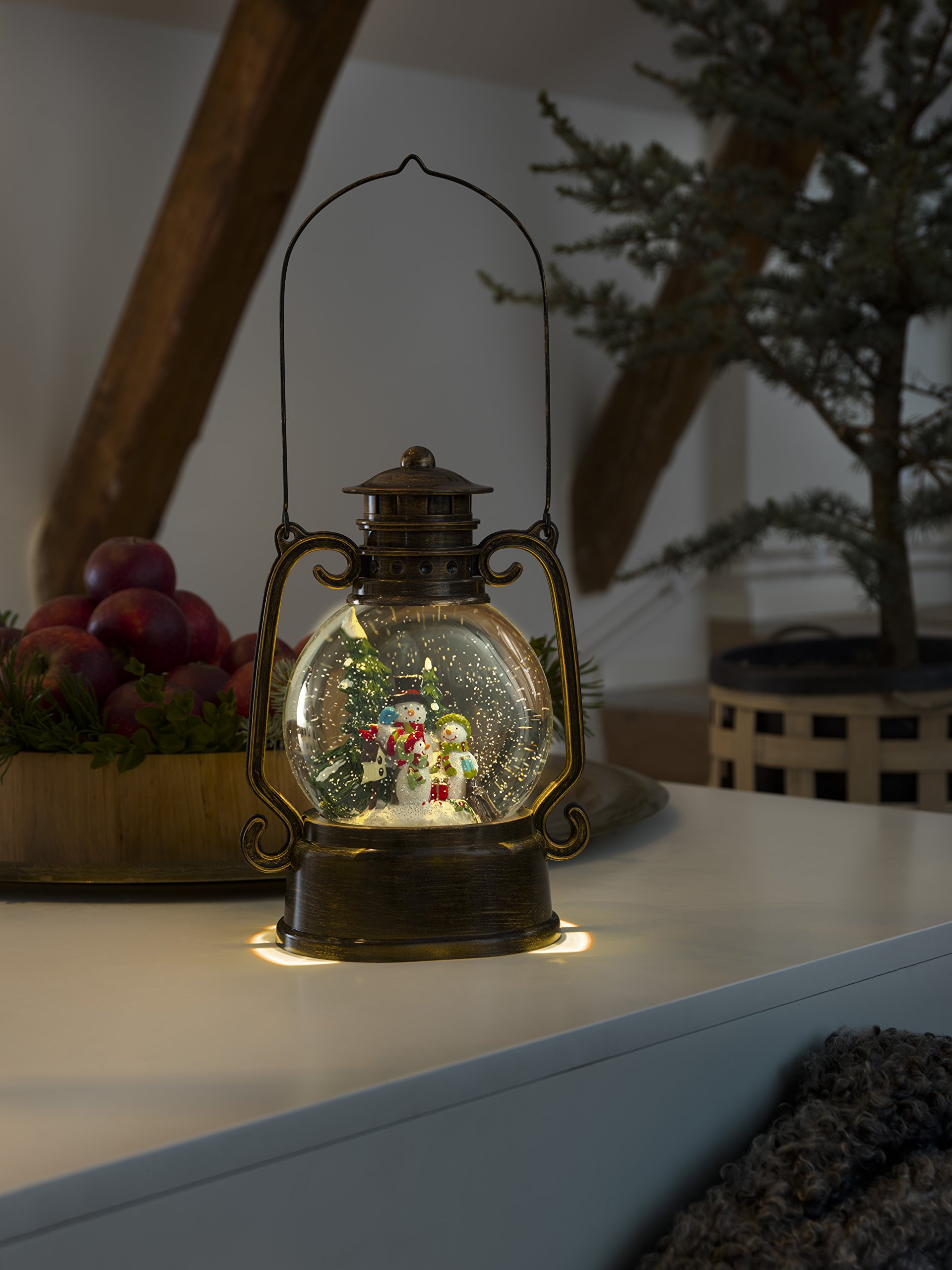 Konstsmide LED Kugellaterne Schneemänner, groß, wassergefüllt, wählbare Energieversorgung, mit 5h Timer, 1 warm weiße Diode, 4.5V Innentrafo/batteriebetrieben, Innen, 3 x C 1.5V (exkl.)