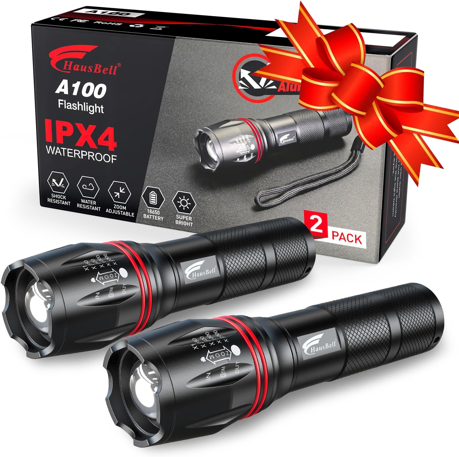 HAUSBELL LED Torch 2000 Lumens (2 Pack), Super Bright Flashlight with 5 Modes, Zoomable Focus, Battery Powered, Water-Resistant Tactical Torch for Camping, Hiking & Emergency Use