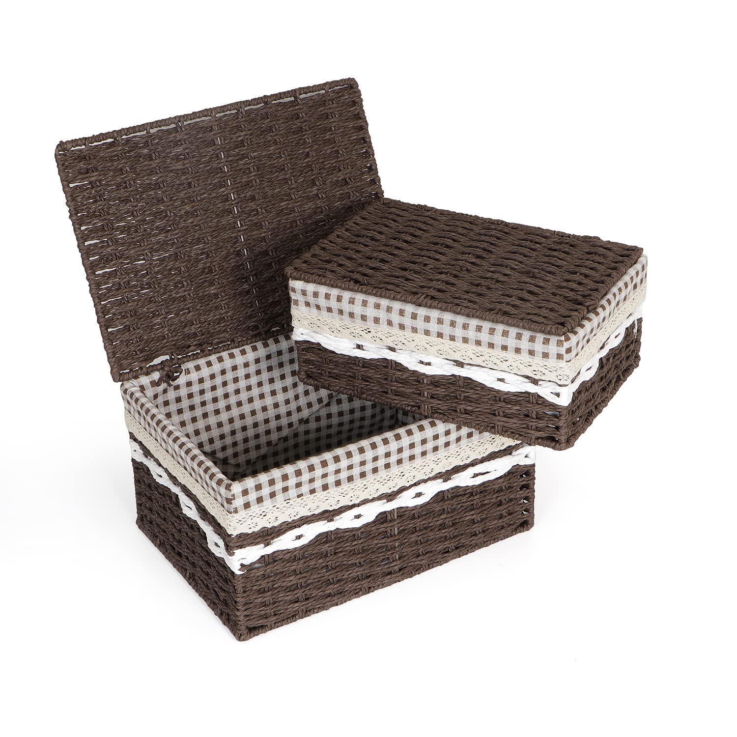 HOKIPO Environmental Friendly Paper Rope Wicker Storage Baskets with lid, Pack of 2, Brown (AR-3900-BR)