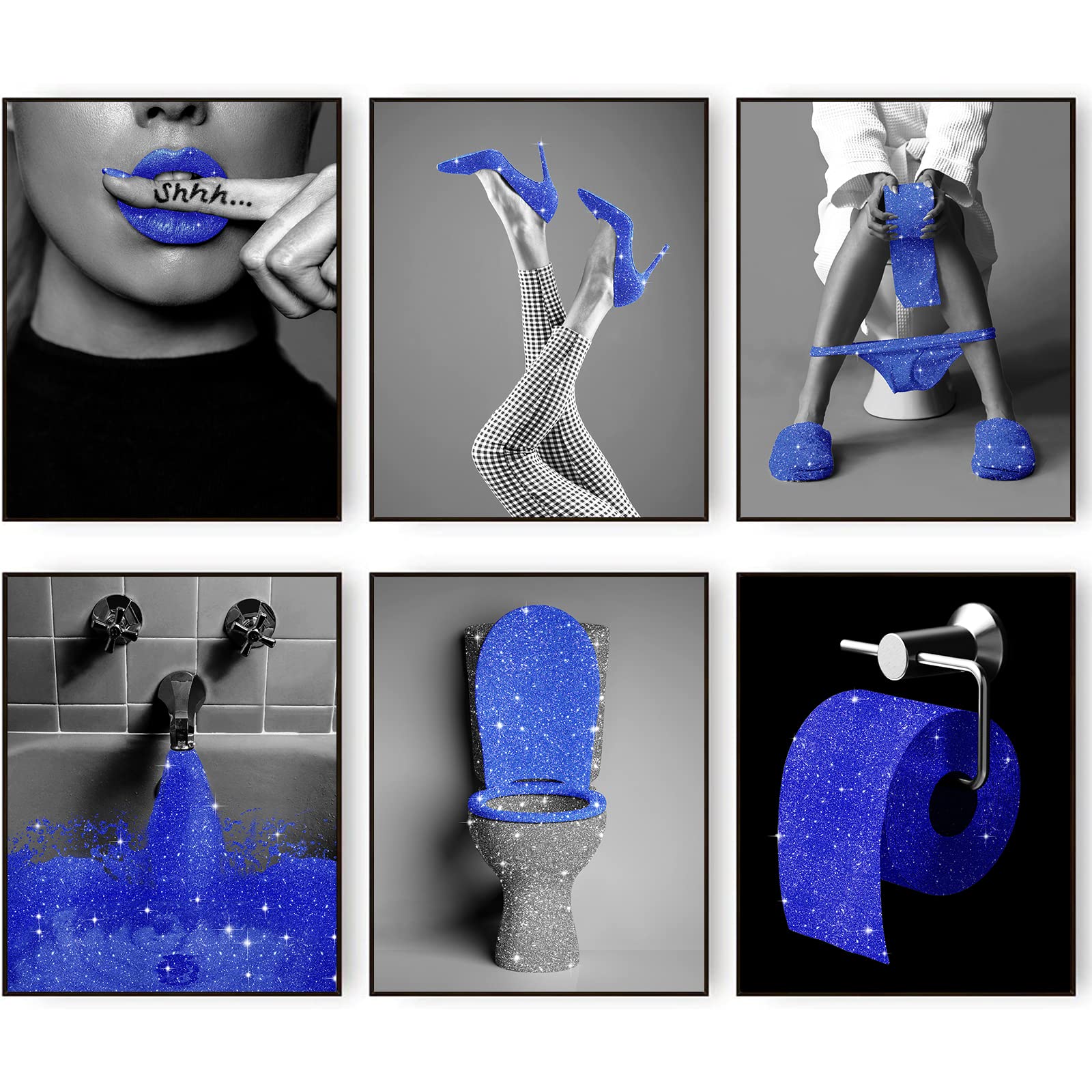 Fashion Wall Art Bathroom Decor Prints Set of 6 Glam Glitter Tissue Canvas Posters Pictures Photos Bathroom Artwork Wall Black and White Modern Women Funny Bathroom (Blue, 8"x10" UNFRAMED)