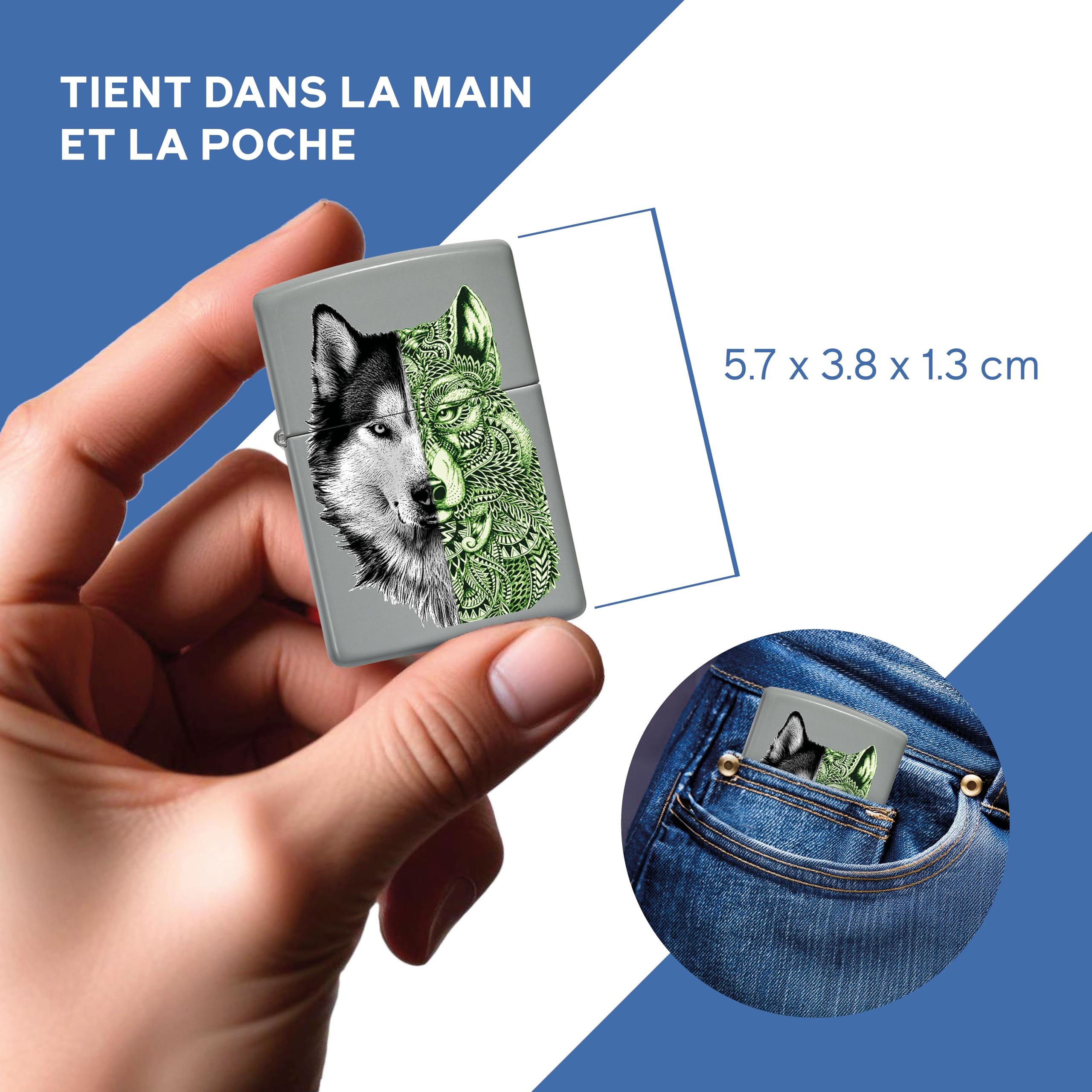 Zippo Briquet Tempête - Modèle Tattoo Wolf avec Color Image - Finition Grise Mate - Rechargeable - Réutilisable - Design Coupe-Vent - Coffret Cadeau - Fabriqué aux États-Unis