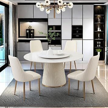 5 Piece Dining Table Set, Modern Dining Room Table Set of 4-6, White 59" D Faux Marble Dining Table with Lazy Susan Turntable, Sintered Stone Round Table with 4 Cream Chairs