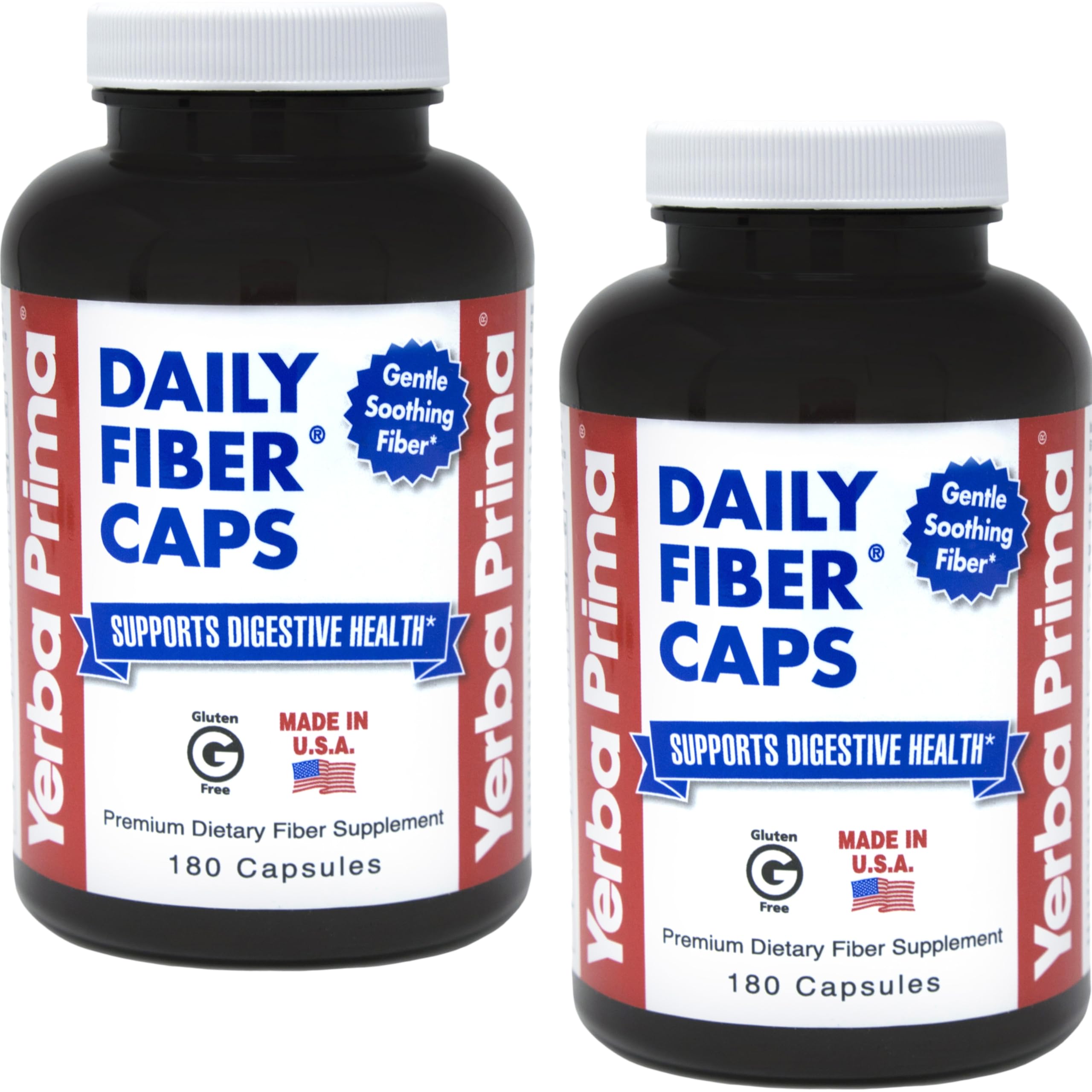 Yerba Prima Daily Fiber Formula - 180 caps (Pack of 2) - Soluble & Insoluble Dietary Fiber Supplement - Colon Cleanse - Gut Health - Vegan, Non-GMO, Gluten-Free