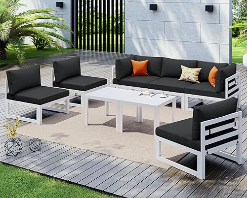 Miniatura 666 de NICESOUL 7 Piece White Powder-Coated Aluminum Patio Furniture with Fire Pit Table, 29 Inch Extra Wide Outdoor Sectional Sofa for 6, High-End Heavy