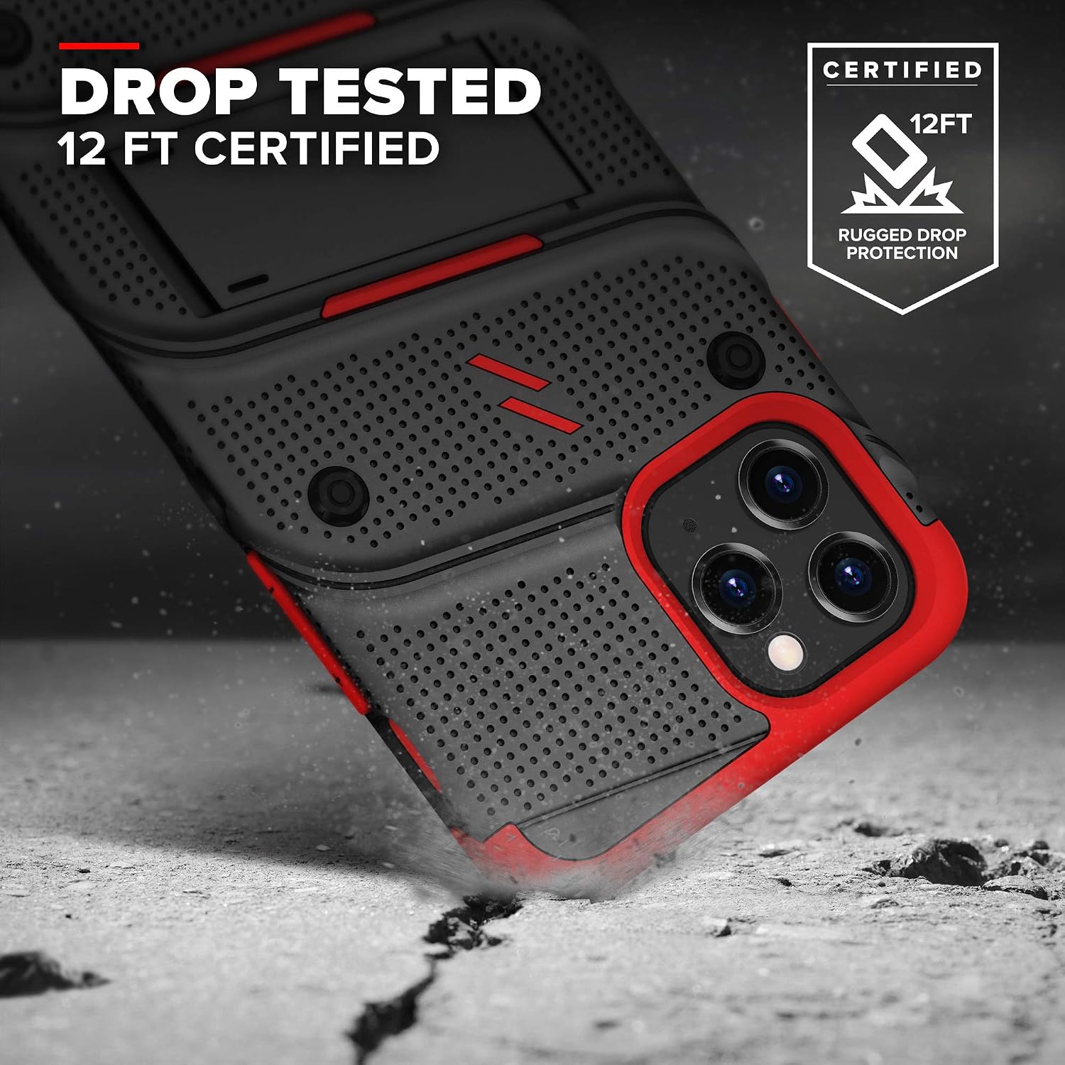 Zizo Bolt Series for iPhone 12 Pro Max Case with Screen Protector Kickstand Holster Lanyard - Black & Red