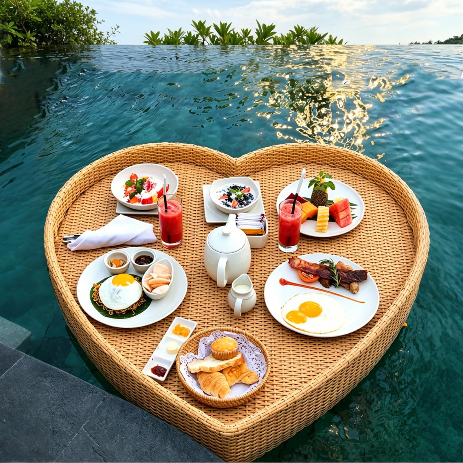 Floating Tray for Pool – Heavy-Duty Floating Pool Tray for Food and Drinks, Spill-Proof Floating Drink Holder for Pool, Swim Up Bars for Pool, Adult Swimming Accessory heart-apricot