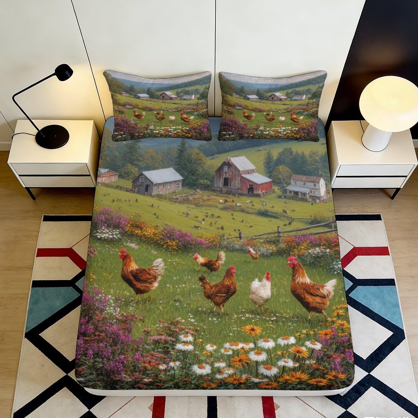 3D Printed Farm Landscape Fitted Sheet Microfiber Soft Non-Slip Hen Meadow Mattress Cover for Bedroom Guest Room Décor 90x200x25cm