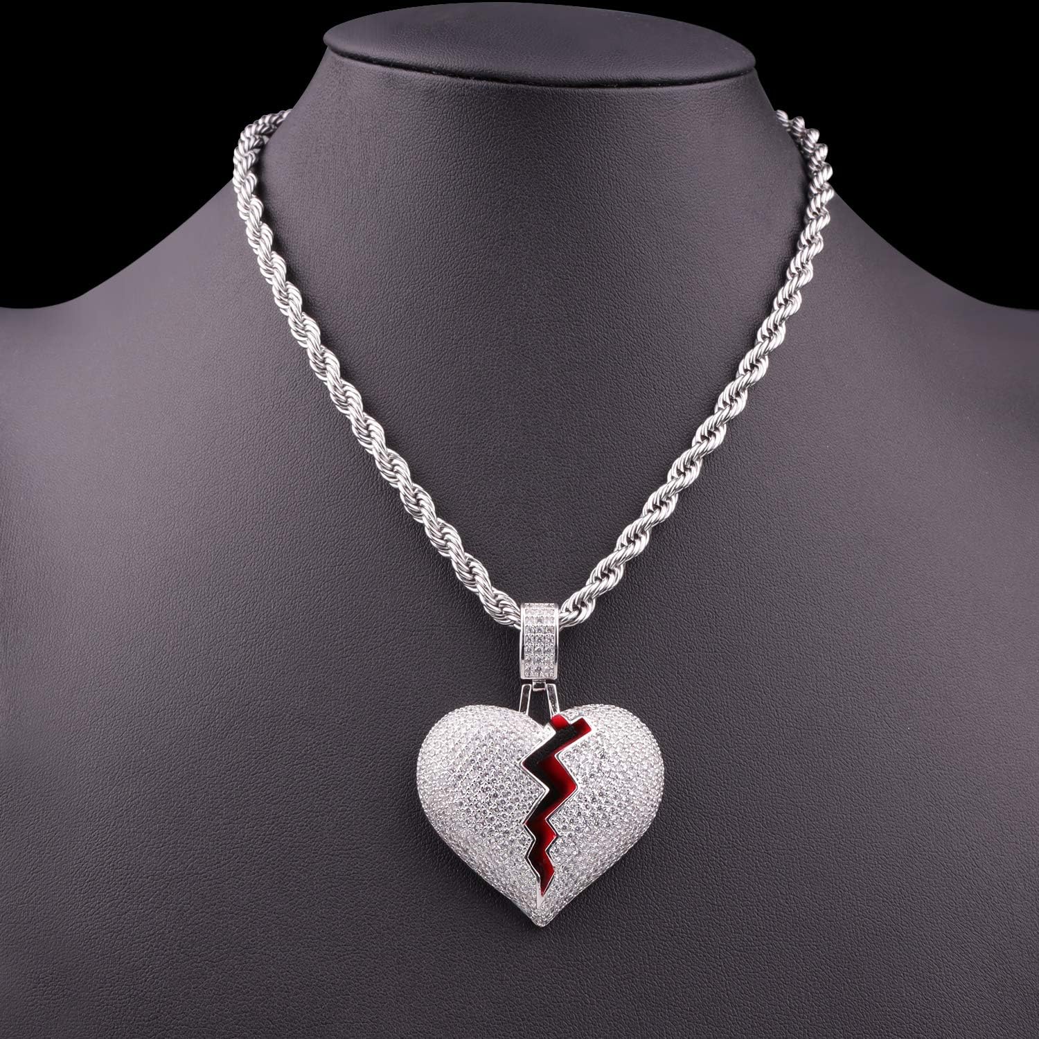 Broken Heart Pendant Necklace Hip Hop CZ Fully Iced Out Bling CZ Diamond 24K White Gold Plated with 24" Stainless Rope Chain
