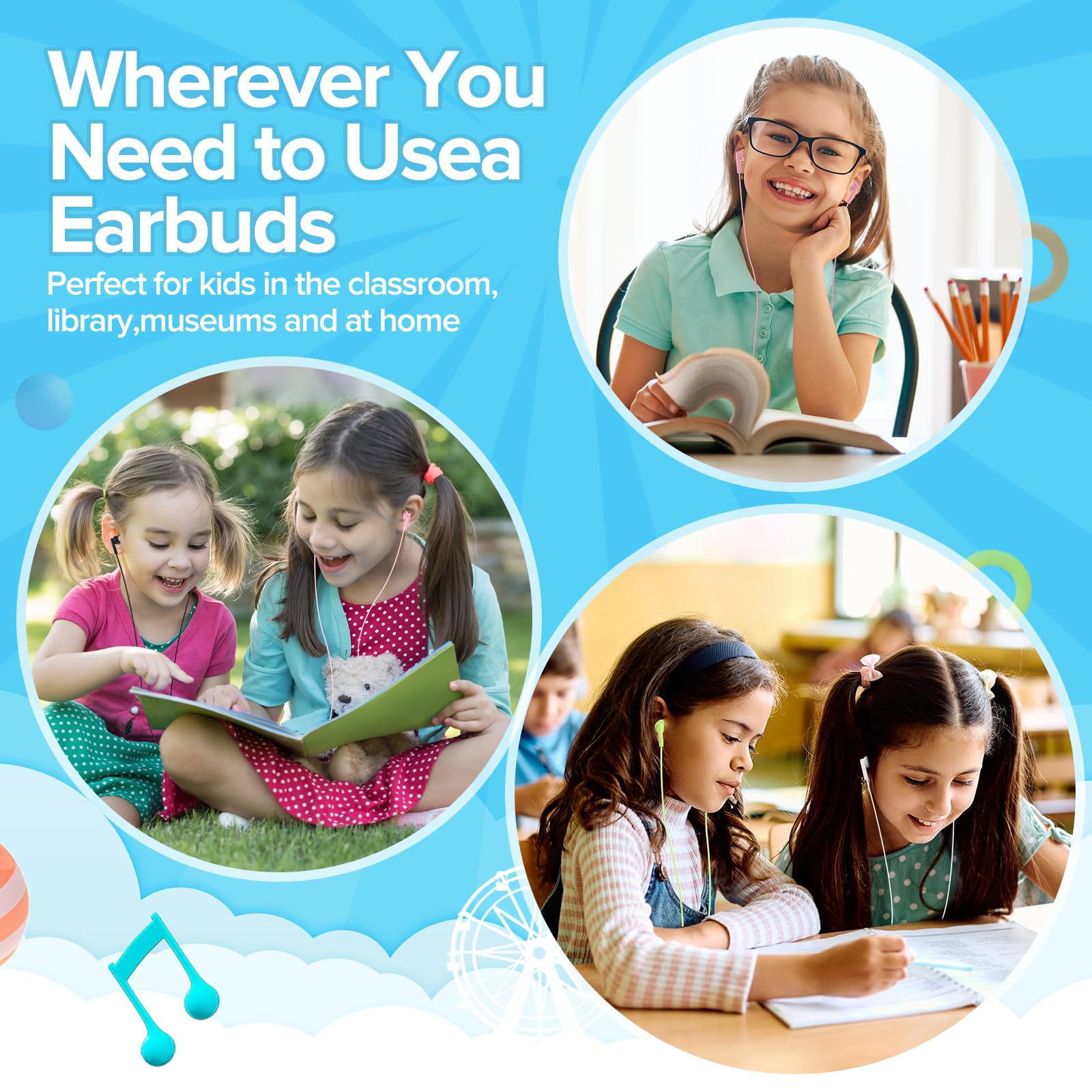 Confezione da 50 auricolari per aule, per studenti, per bambini, scuole, biblioteche, computer portatili, 3,5 mm, confezionati singolarmente (YS103 colori misti)