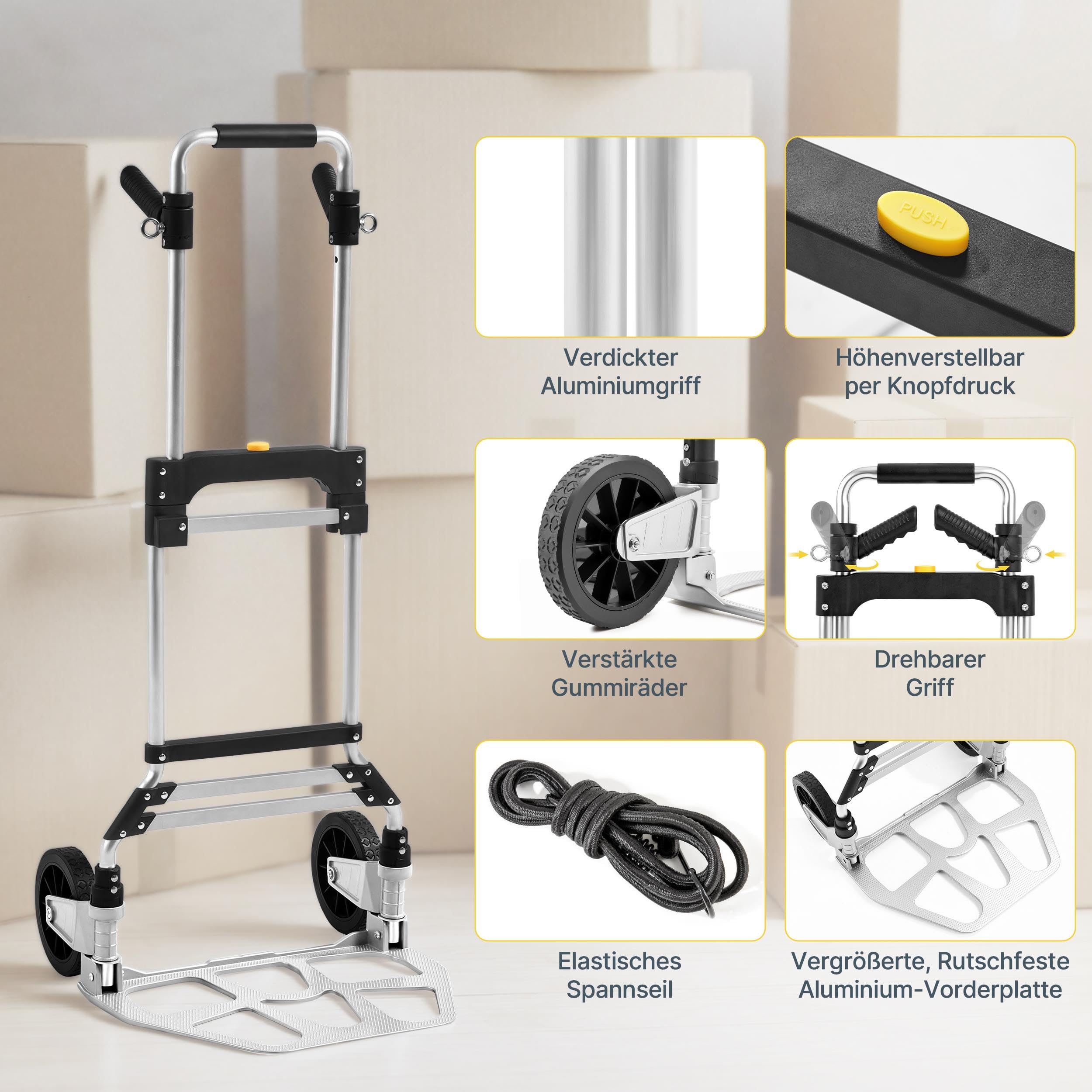 Yaheetach Klappbare Sackkarre,150 kg Belastbar mit Langer Aluminium Teleskopgriff 88.5-115 cm, Spanngummi & Handschuhen,für Einkauf/Umzug/Garten