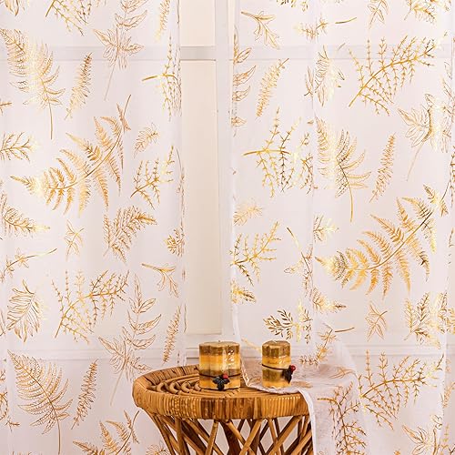 Miniatura 5 de Deeprove Juego de 2 paneles de cortinas traslúcidas blancas de 84 pulgadas de largo, hojas tropicales metálicas con estampado de hojas tropicales