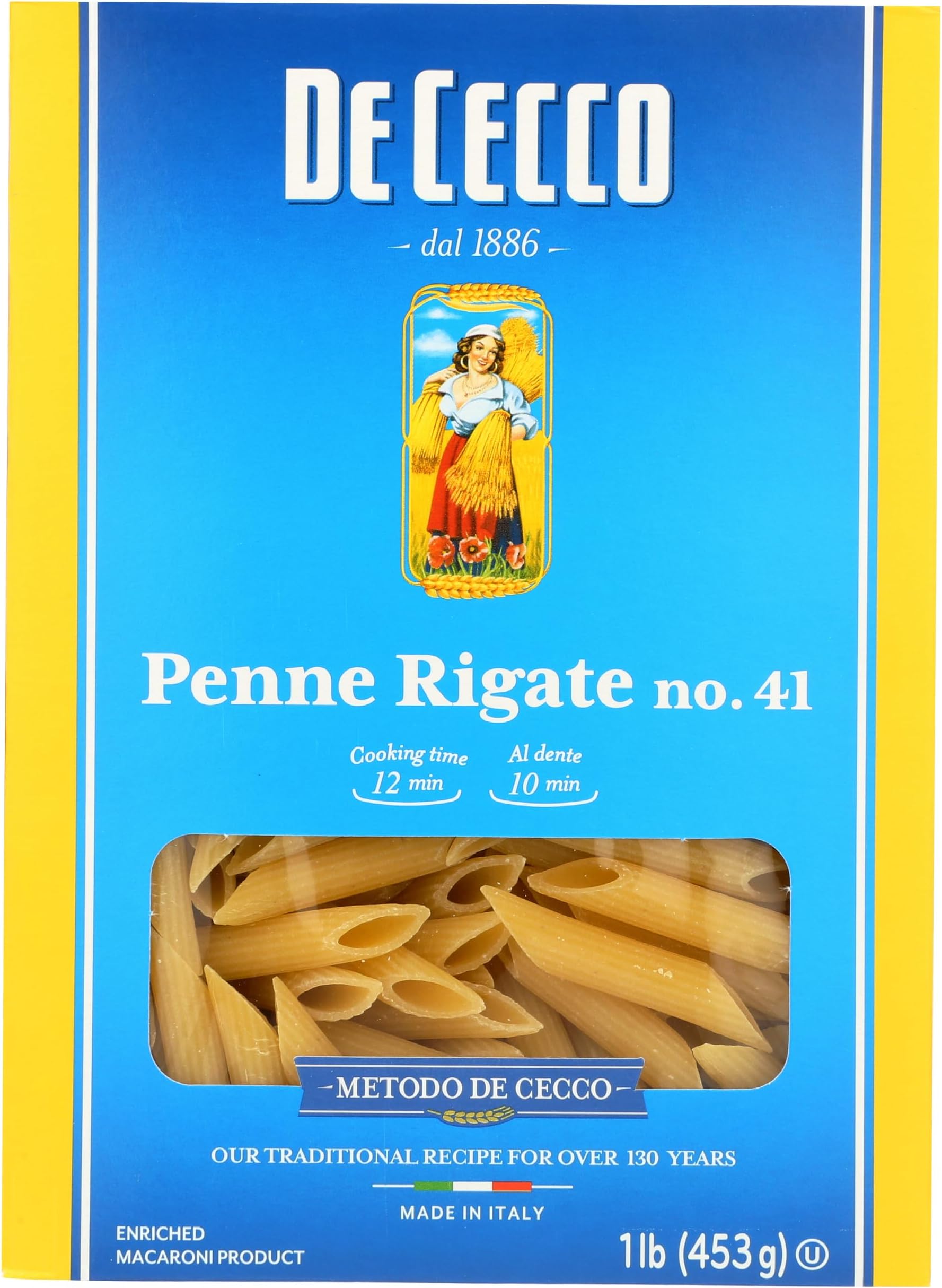 De Cecco Penne Rigate No. 41 Pasta, 16 Oz, Authentic, Slow Dried, Made with Durum Wheat, Versatile Pasta for Sauces & Recipes, Made in Italy